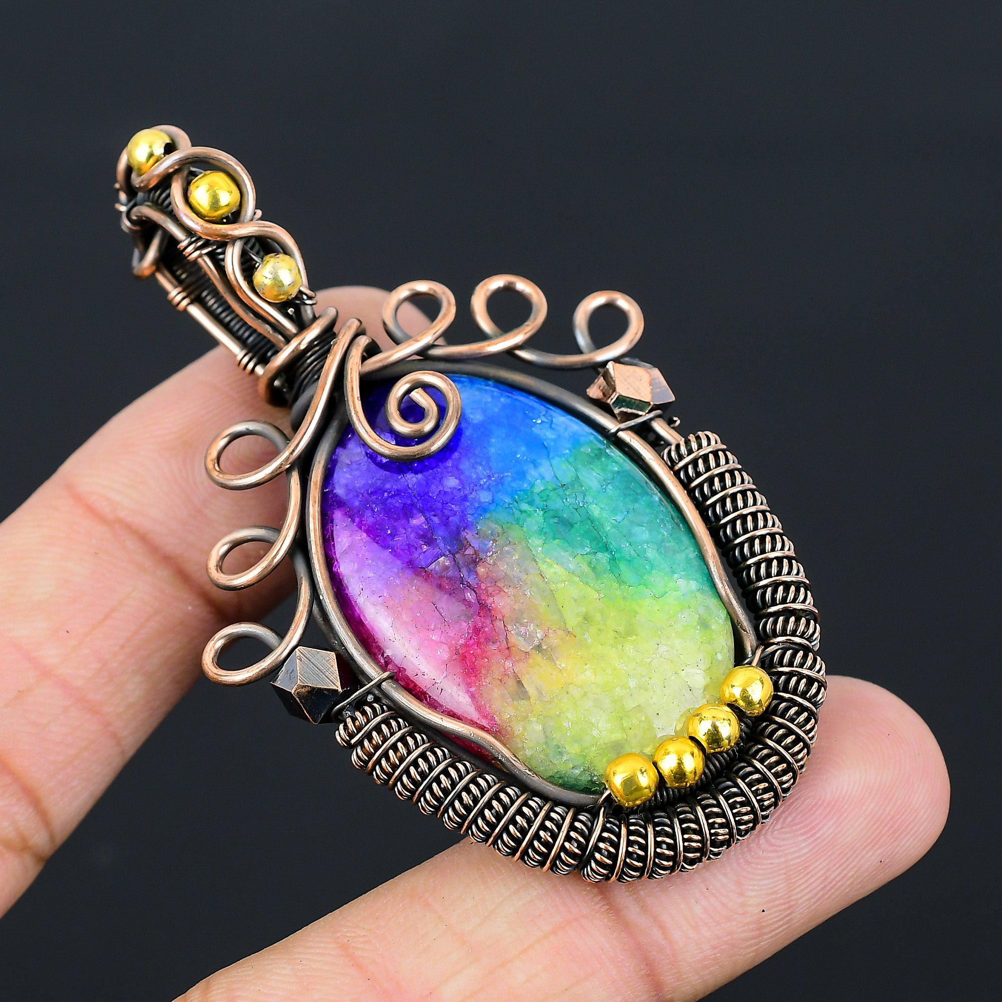 Rainbow Solar Quartz Gemstone Pure Copper Wire Wrapped Handmade Pendant Jewelry For Gift