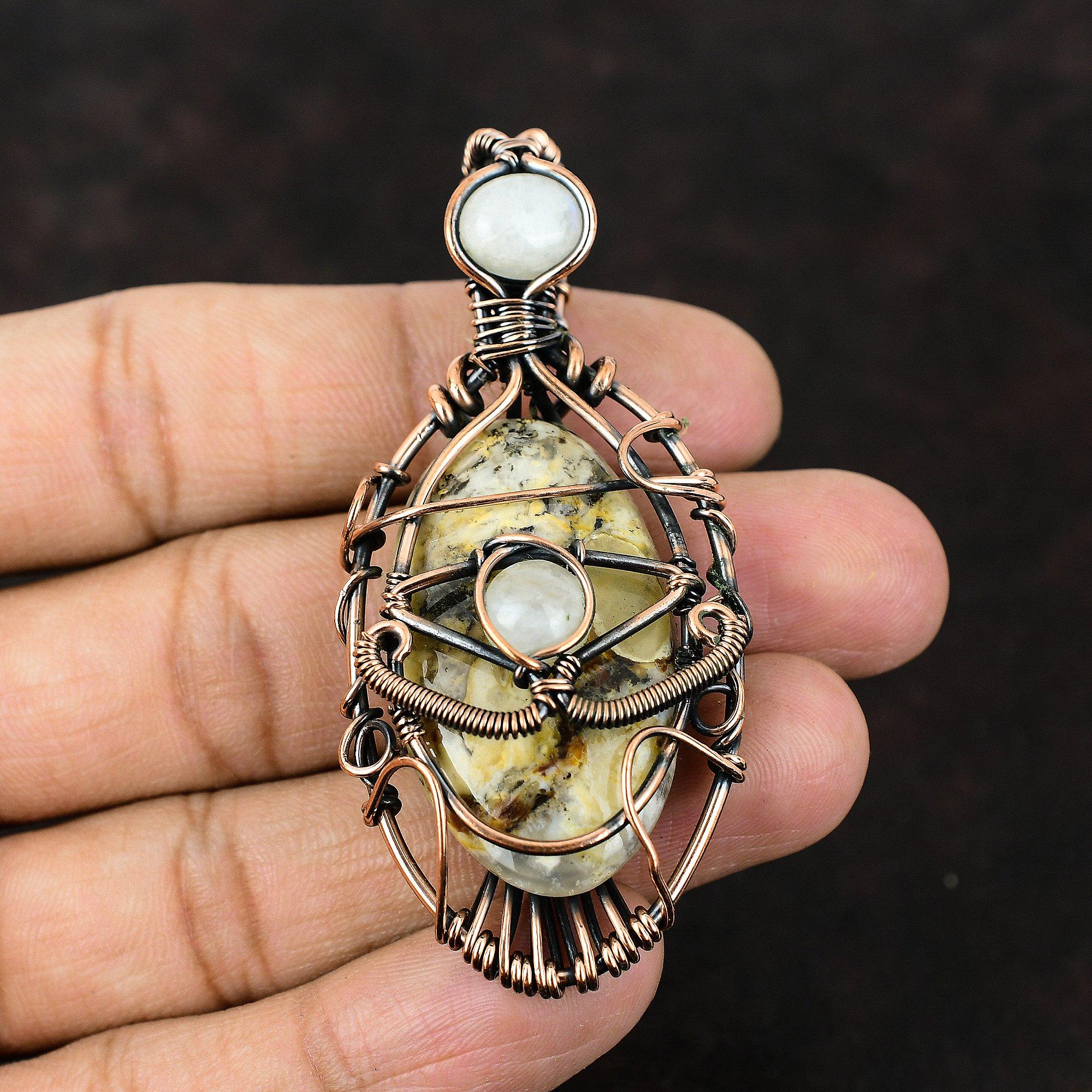Подвеска из медной проволоки с перьями от сглаза и агатом, лунный камень, медные украшения, кулон ручной работы, дизайнерский кулон, украшения от сглаза, подарок для матери