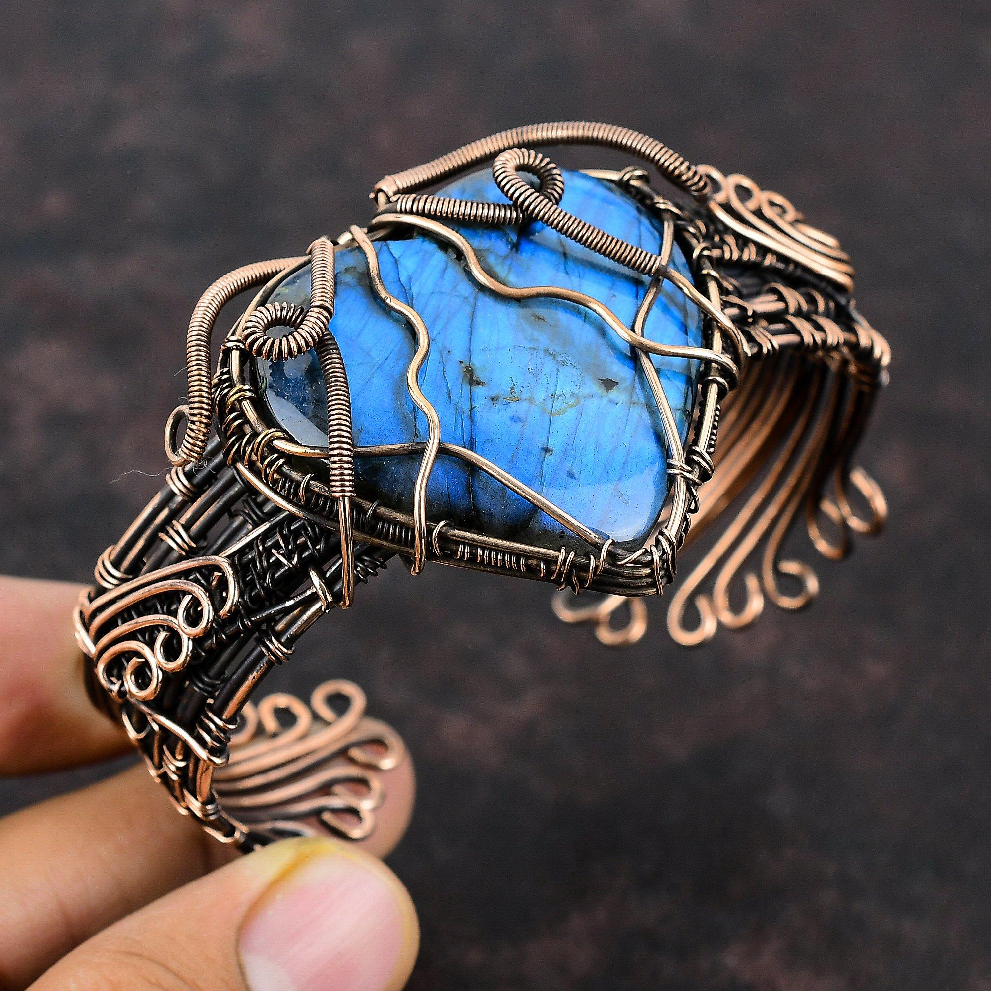 Лабрадорит Браслет-манжета Браслет-манжета из медной проволоки Регулируемый браслет Изысканный браслет-манжета с драгоценным камнем Медные украшения ручной работы Подарок для мамы