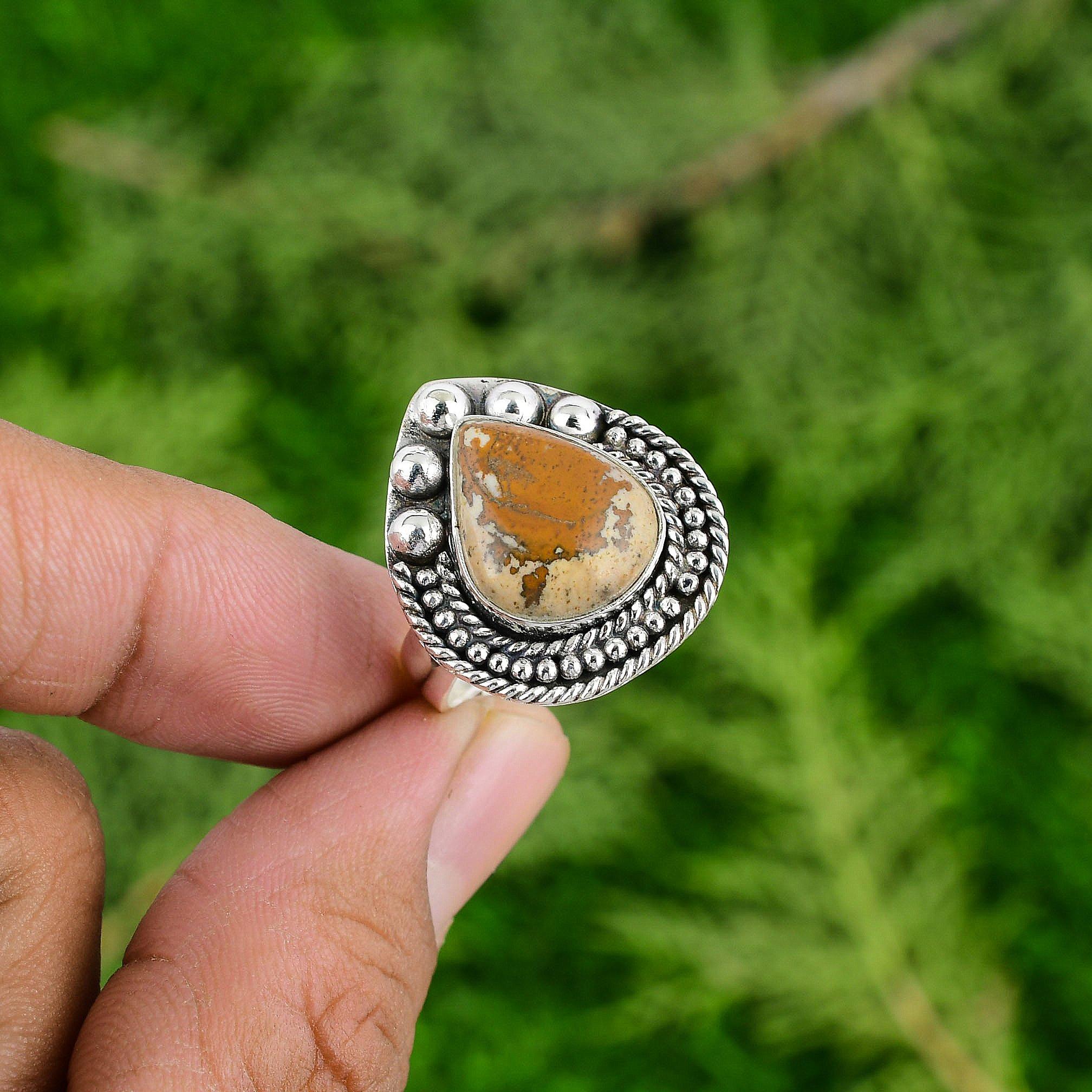 Pear Picture Jasper Gemstone Statement Birthday Mother Boho Ring Sterling Silver