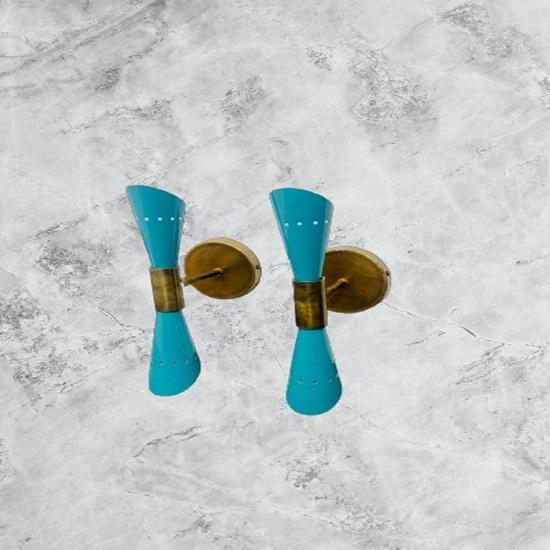 1950's Mid Century Brass Italian Diabolo Wall Sconce Light Fixture 2 Bulb Pair Wall Fixture Lamp