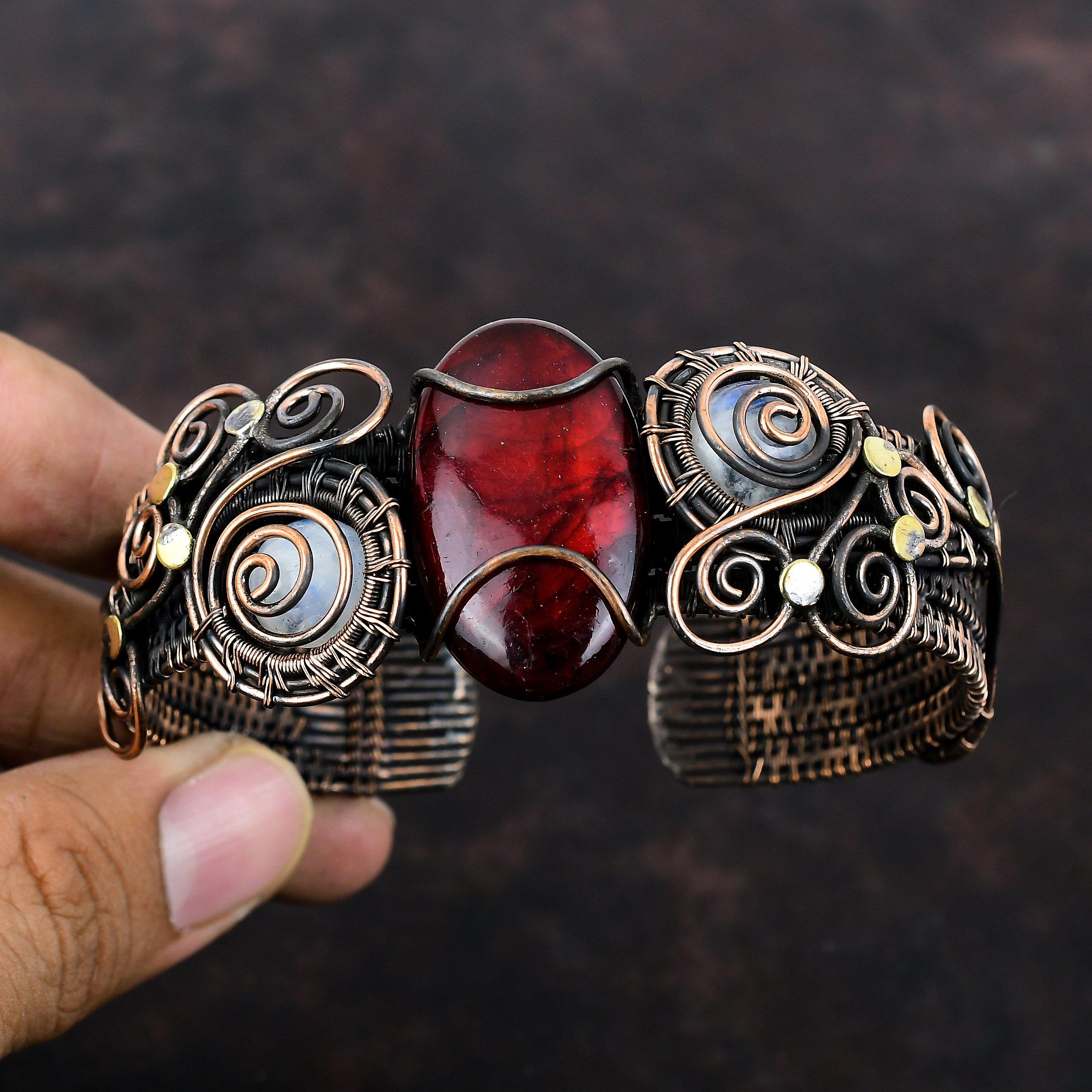 Красный огненный лабрадорит драгоценный камень браслет медная проволока обернутый лунный камень манжета браслет регулируемый браслет ручной работы медные украшения для подарка