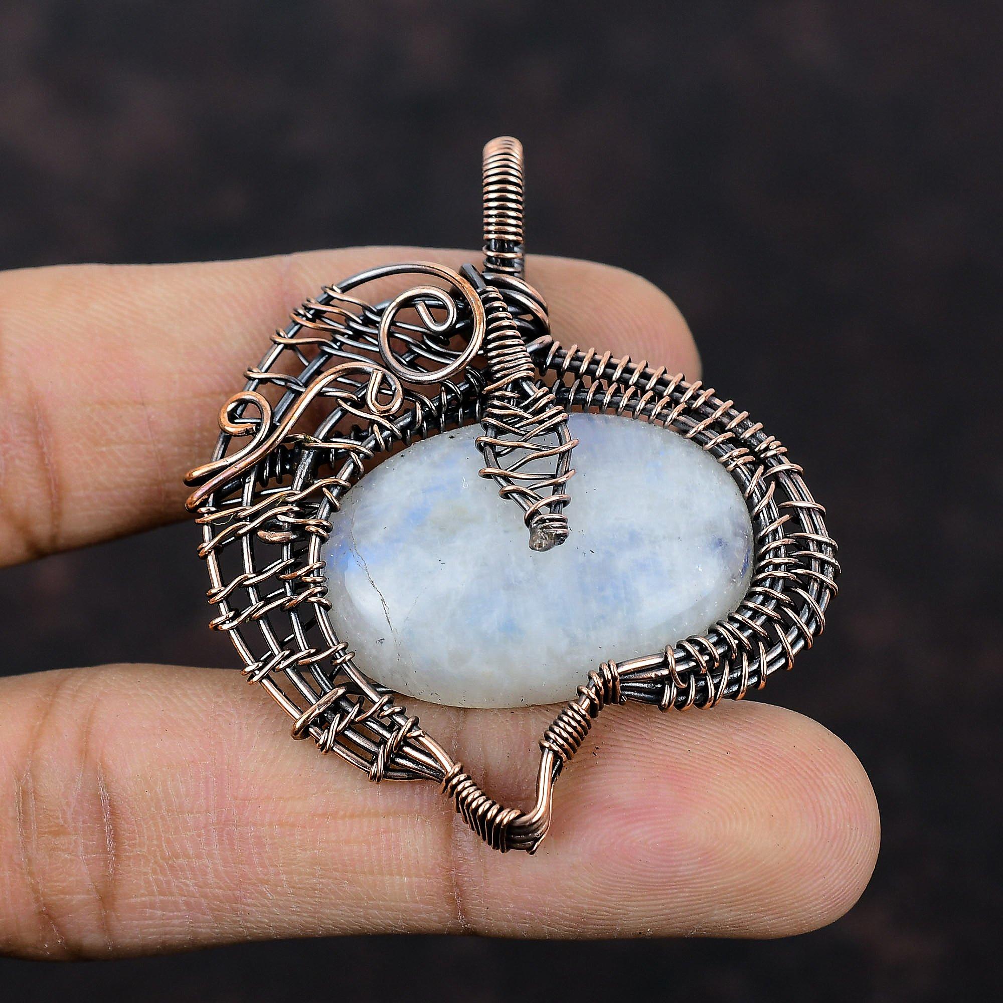 Подвеска Rainbow Moonstone, подвеска из медной проволоки с драгоценным камнем, подвеска ручной работы в стиле бохо, медная бижутерия, подвеска для подарка, ювелирные изделия с проволочной обмоткой