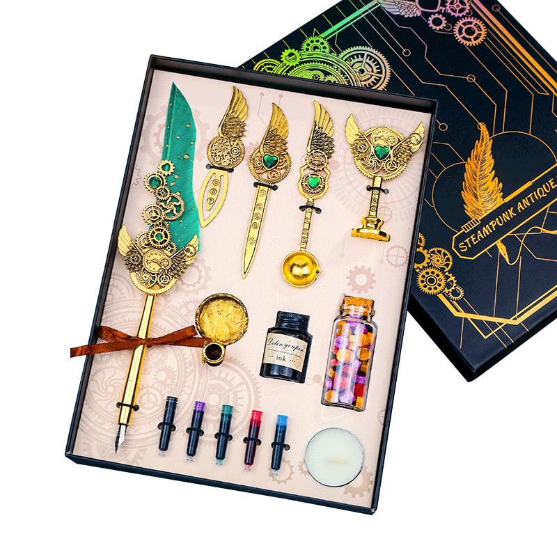 Quill Pen Ink Set, Calligraphy Feather Fountain Pen, Vintage Signature Pen with Replaceable Nibs/Ink Cartridges, Pen Holder, Seal, Bookmark