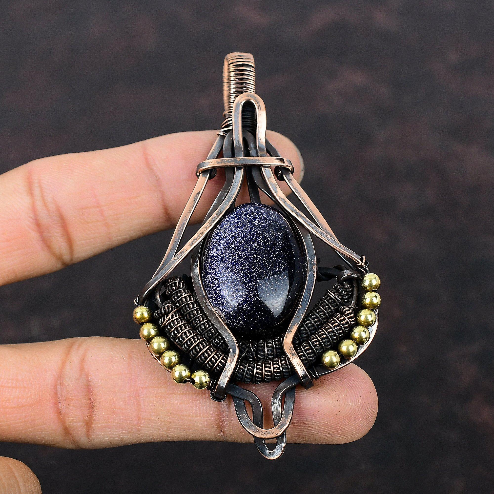 Голубой солнечный камень подвеска медная проволока обернутая ювелирные изделия подлинный драгоценный камень подвеска ручной работы антикварная ювелирные изделия медная проволока обернутая кулон подарок для матери