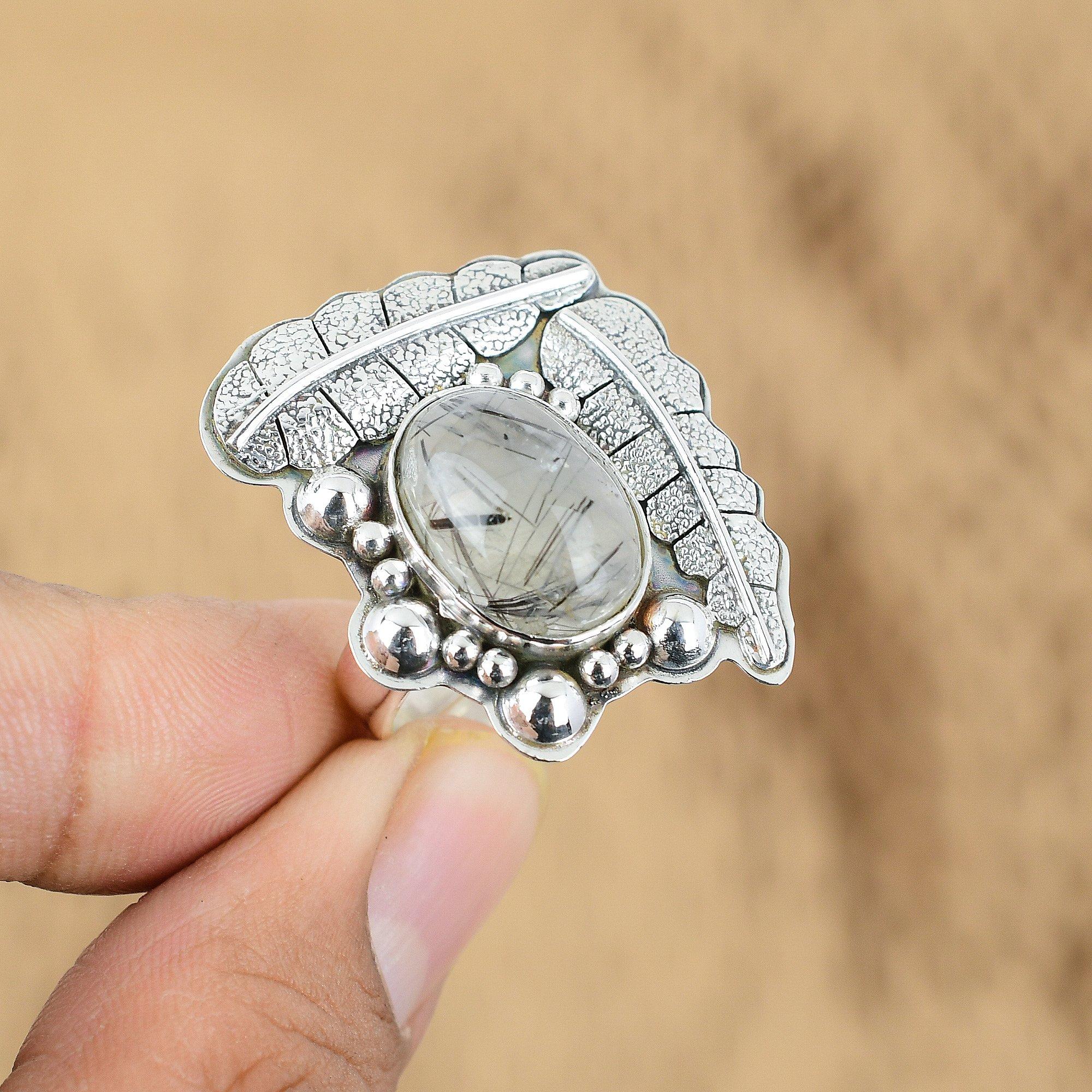 Black Rutile Gemstone 925 Sterling Silver Statement Sister Promise Birthday Ring