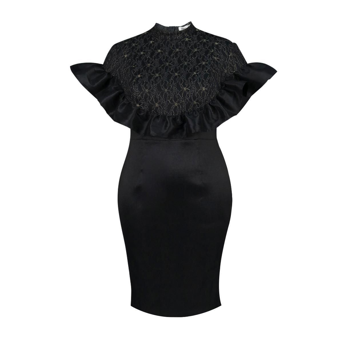 AOMEI Черные платья с воротником-стойкой, кружевные лоскутные оборки, накидка с рукавами в стиле ампир, облегающие наряды миди для женщин