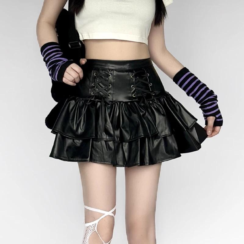 Punk Style PU Leather Mini Skirts Women High Waist Lace Up Black Pleated Skirt Streetwear Korean Style Leisure A-line