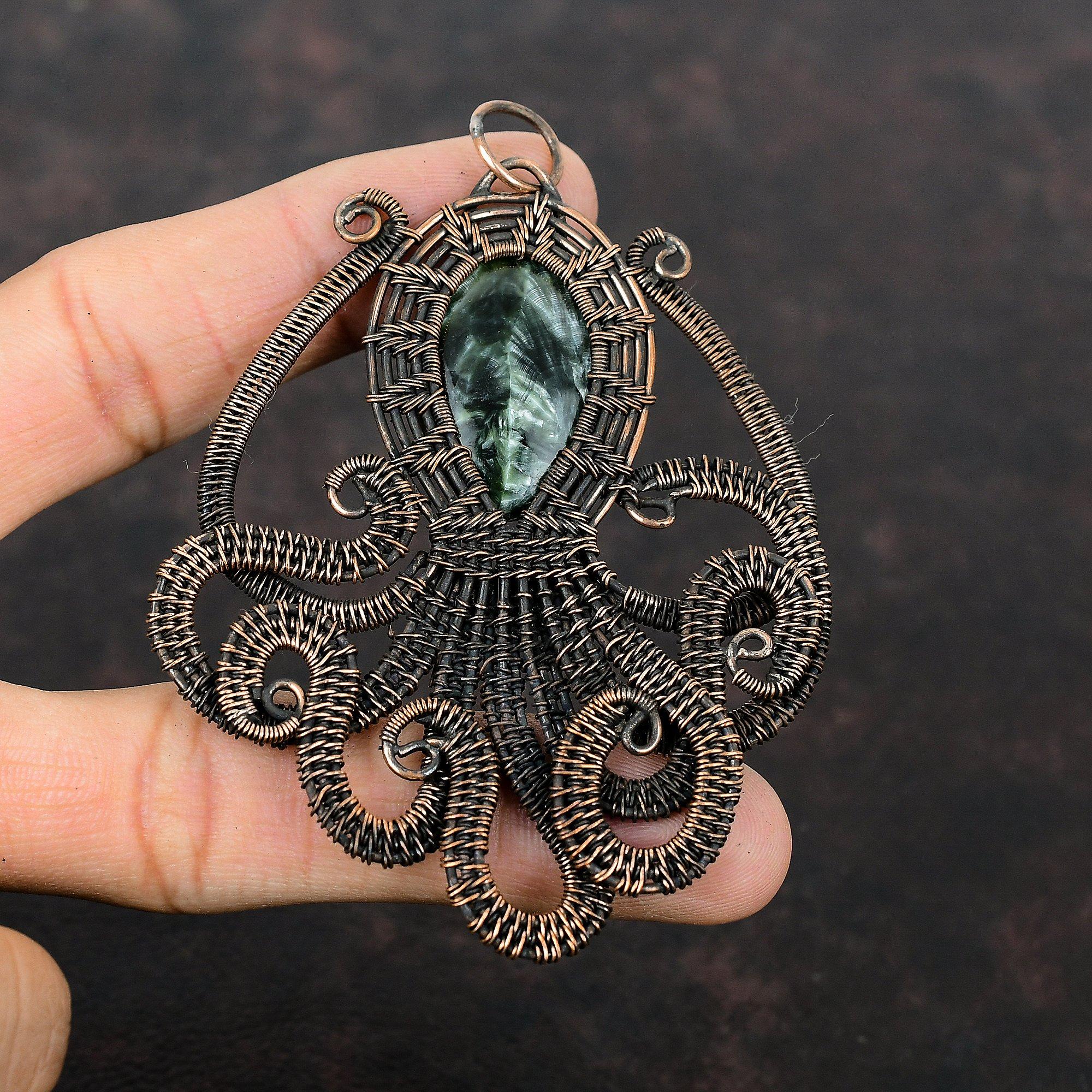 Подвеска Серафинит Подвеска, оплетенная медной проволокой Украшения из серафинита Подвеска с драгоценным камнем Украшения из меди ручной работы Подвеска Осьминог Подарок для женщин