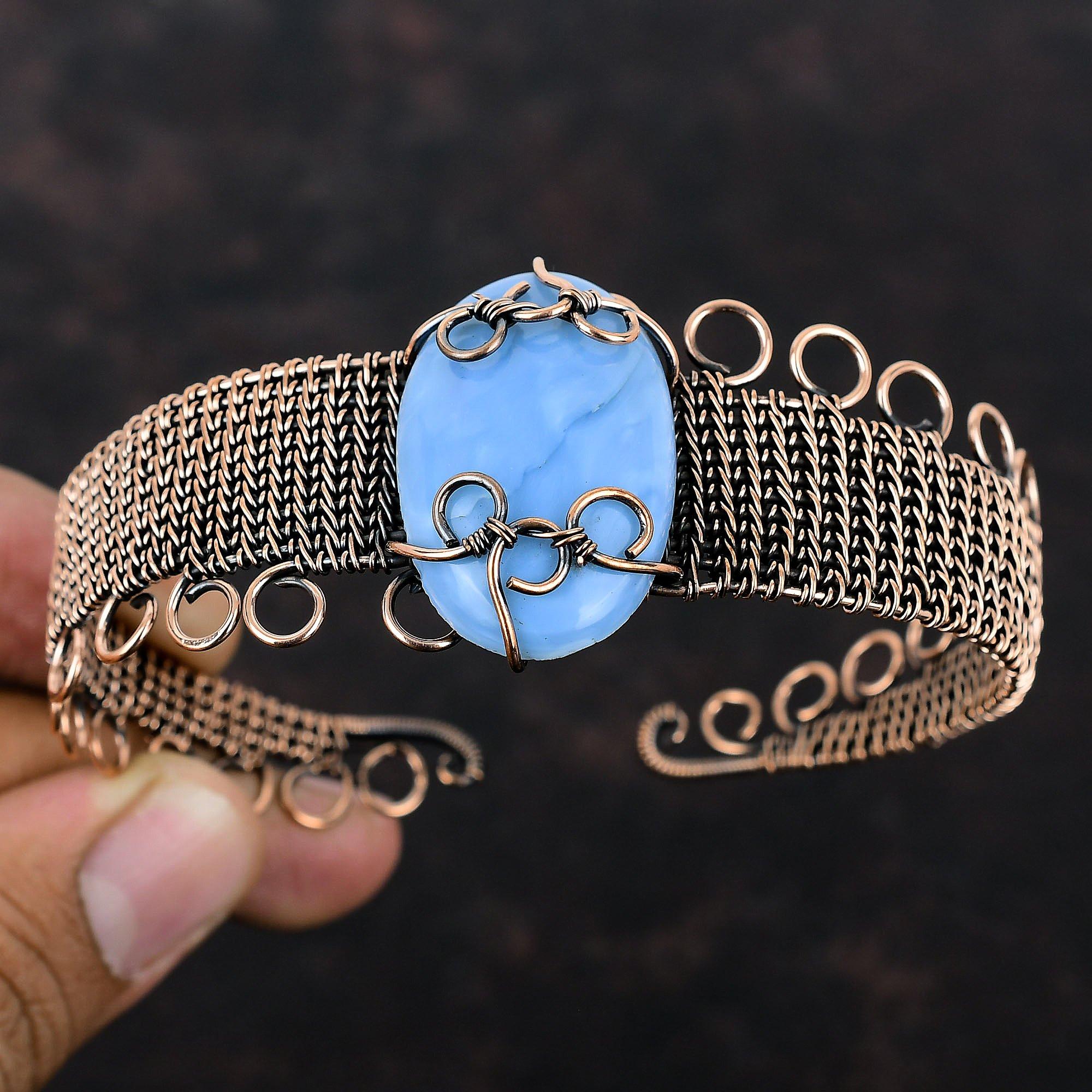 Браслет-манжета Owyhee Blue Opal, браслет из медной проволоки, ювелирные изделия с драгоценными камнями, уникальный регулируемый браслет для подарка, ювелирные изделия из меди ручной работы
