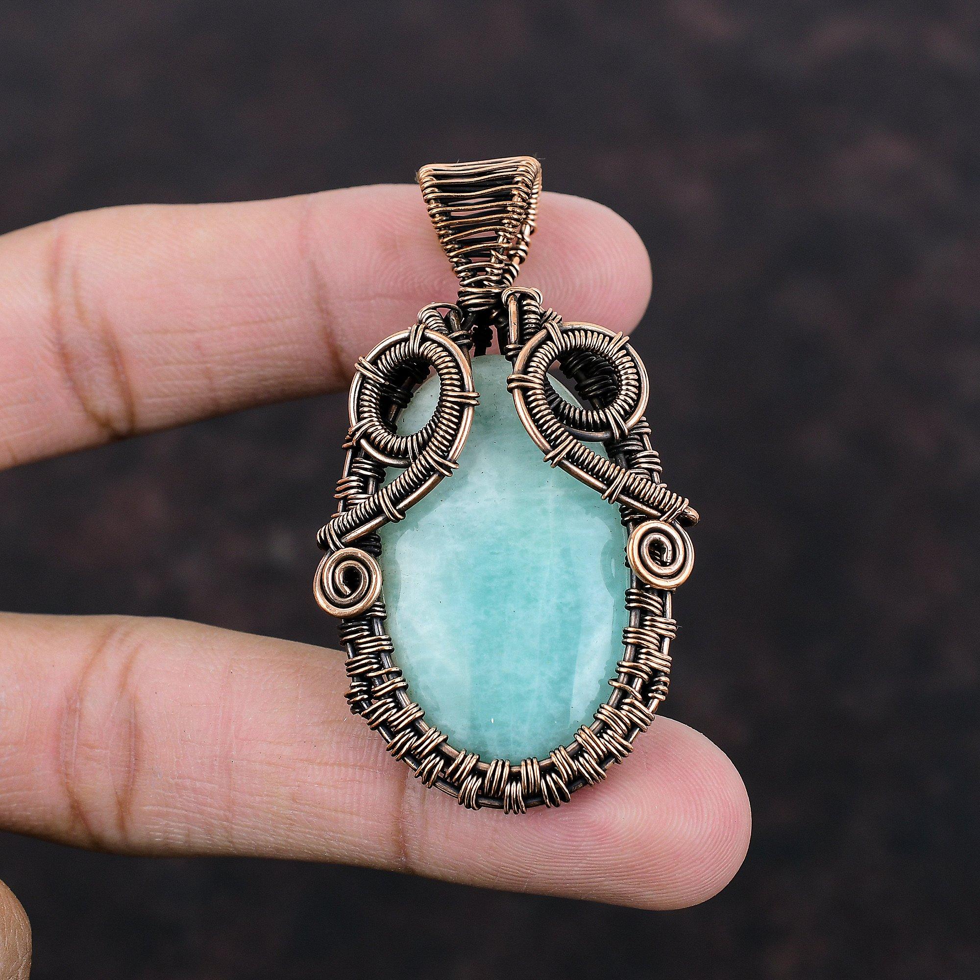 Амазонитовый кулон, медная проволока, кулон, кулон с драгоценным камнем, модные украшения, кулон ручной работы, медный ювелирный подарок для нее, элегантный кулон