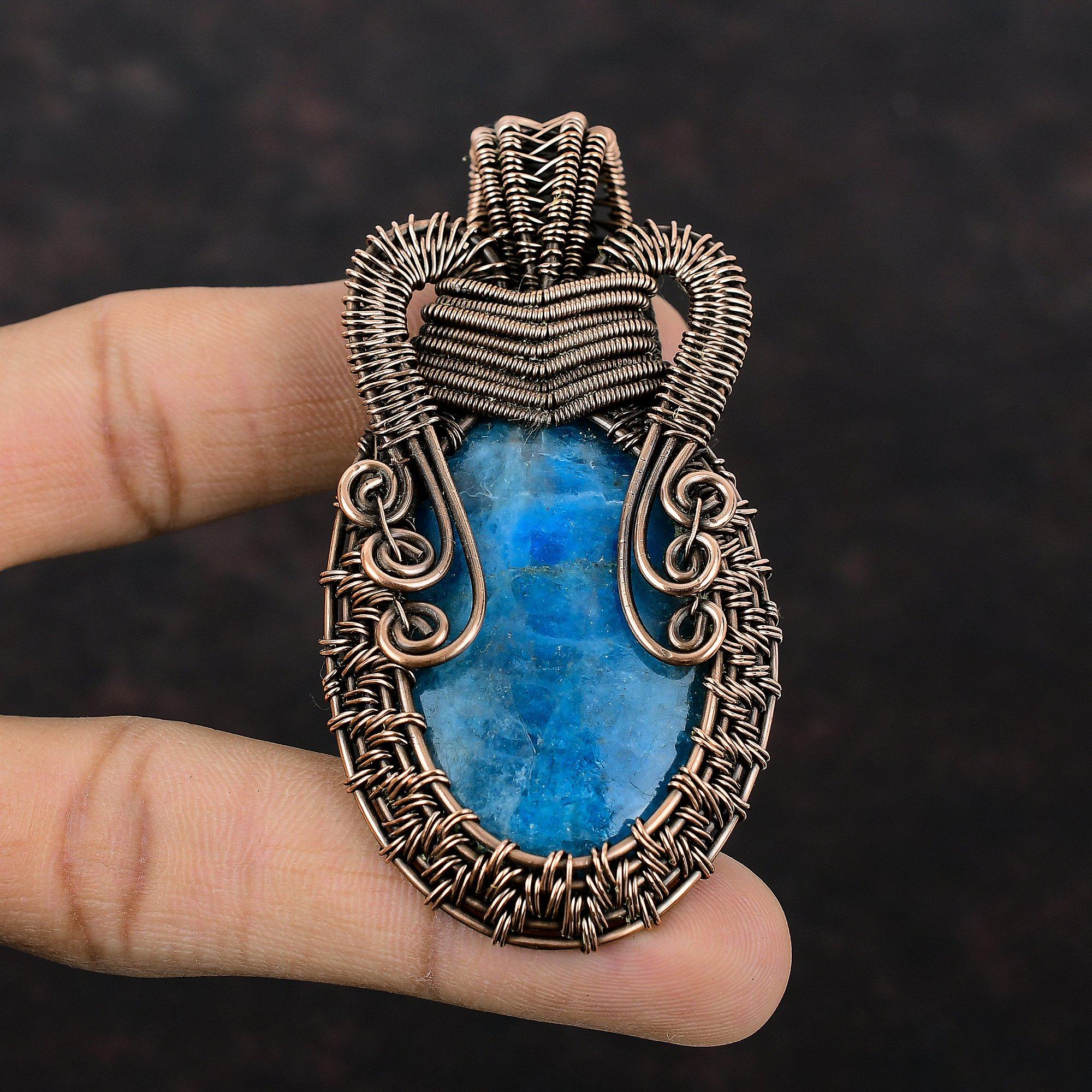 Неоновый апатит, кулон с драгоценным камнем, медная проволока, кулон, ювелирные изделия ручной работы с неоновым апатитом, изящный кулон, медная проволока, ювелирный подарок для мамы