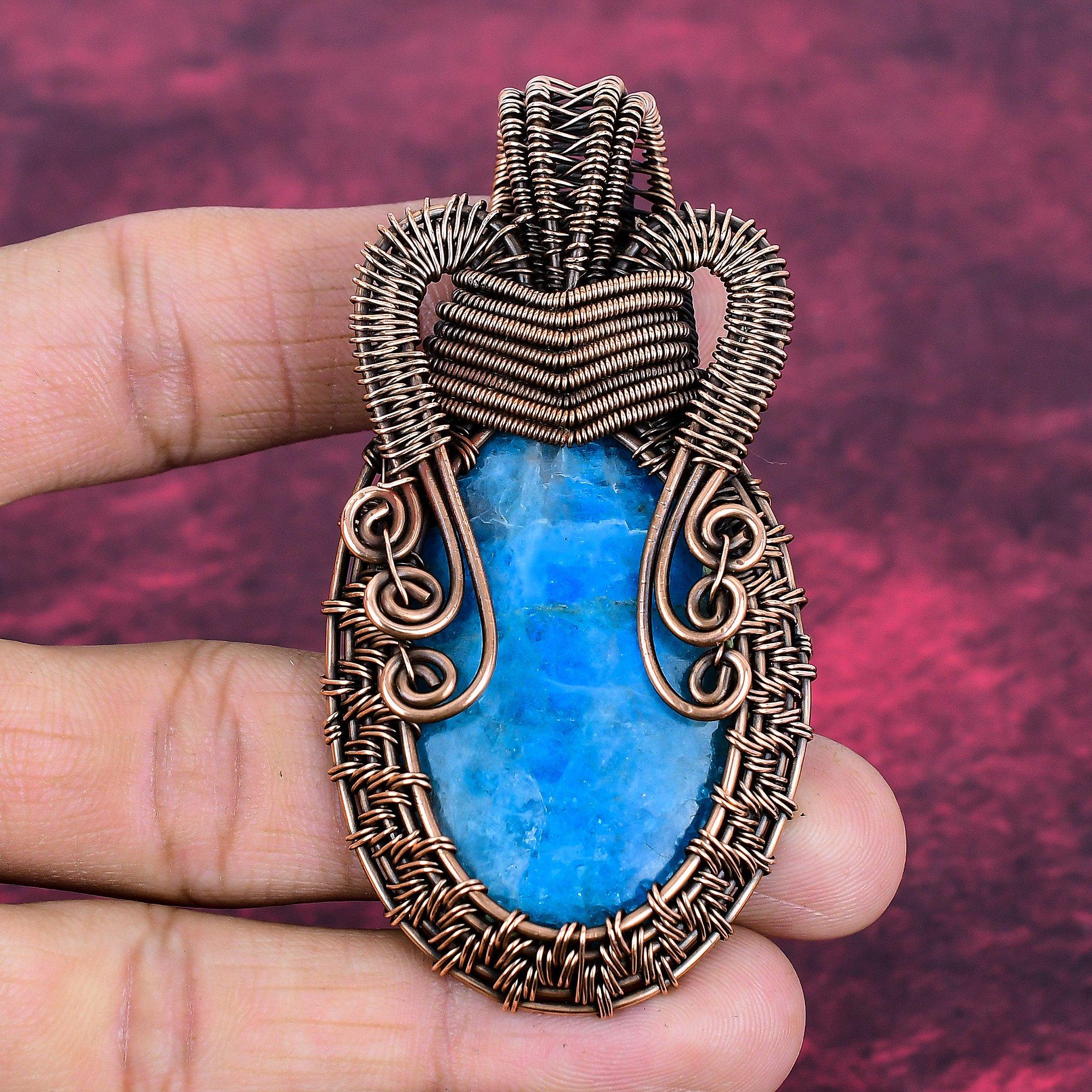 Neon Apatite Pendant Handmade Real Gemstone Pendant Copper Wire Wrapped Jewelry