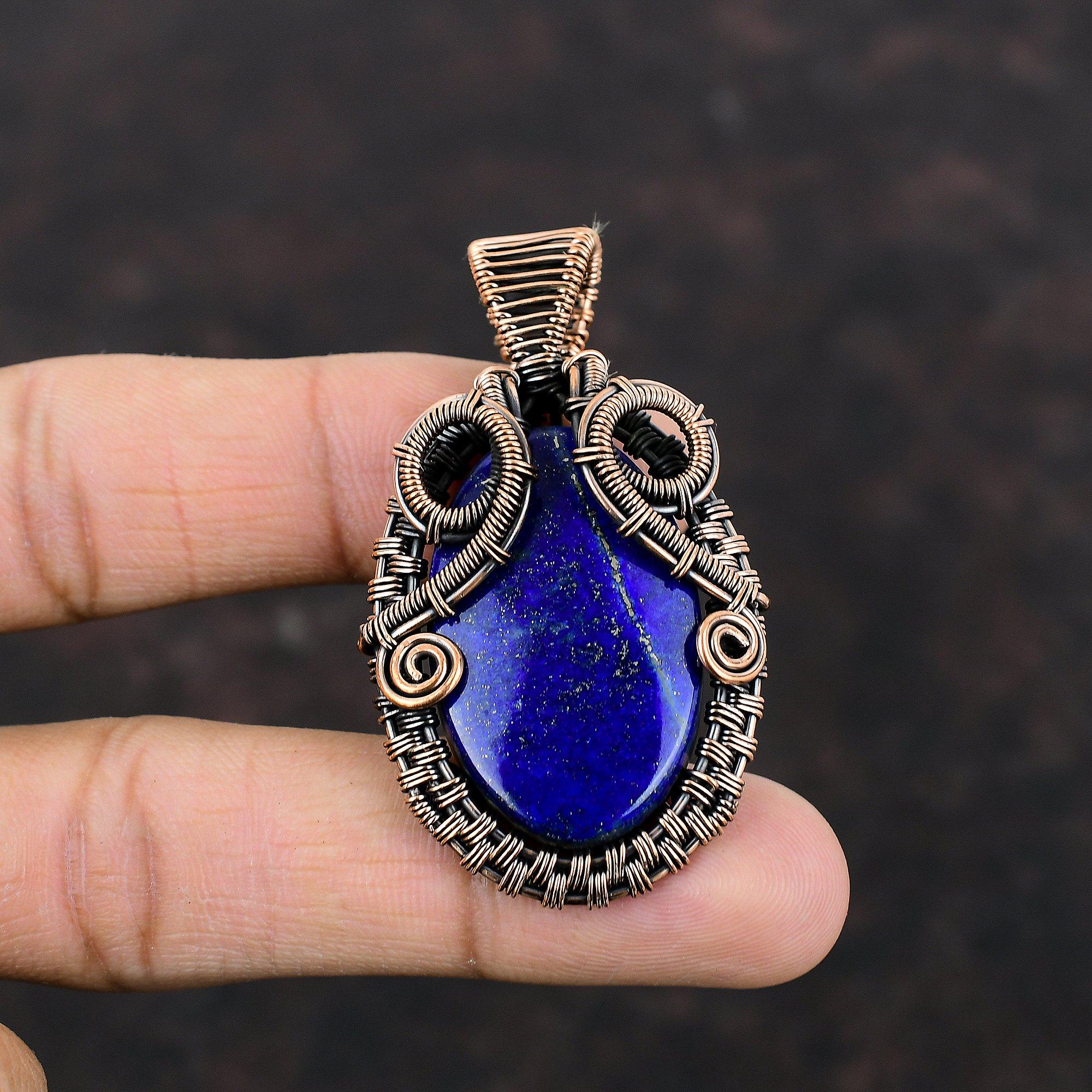 Подвеска из лазурита, медная проволока, обернутая подвеска, антикварные ювелирные изделия, медные украшения ручной работы, подвеска из натурального драгоценного камня, подарок для него, женская подвеска