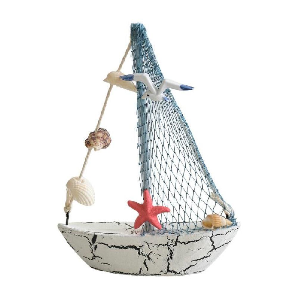 Mediterranean Wooden Sailboat Ornament Handcrafted Coastal Nautical Shelf Decor With Starfish Seagull Fishing Net Sails 2 Styles