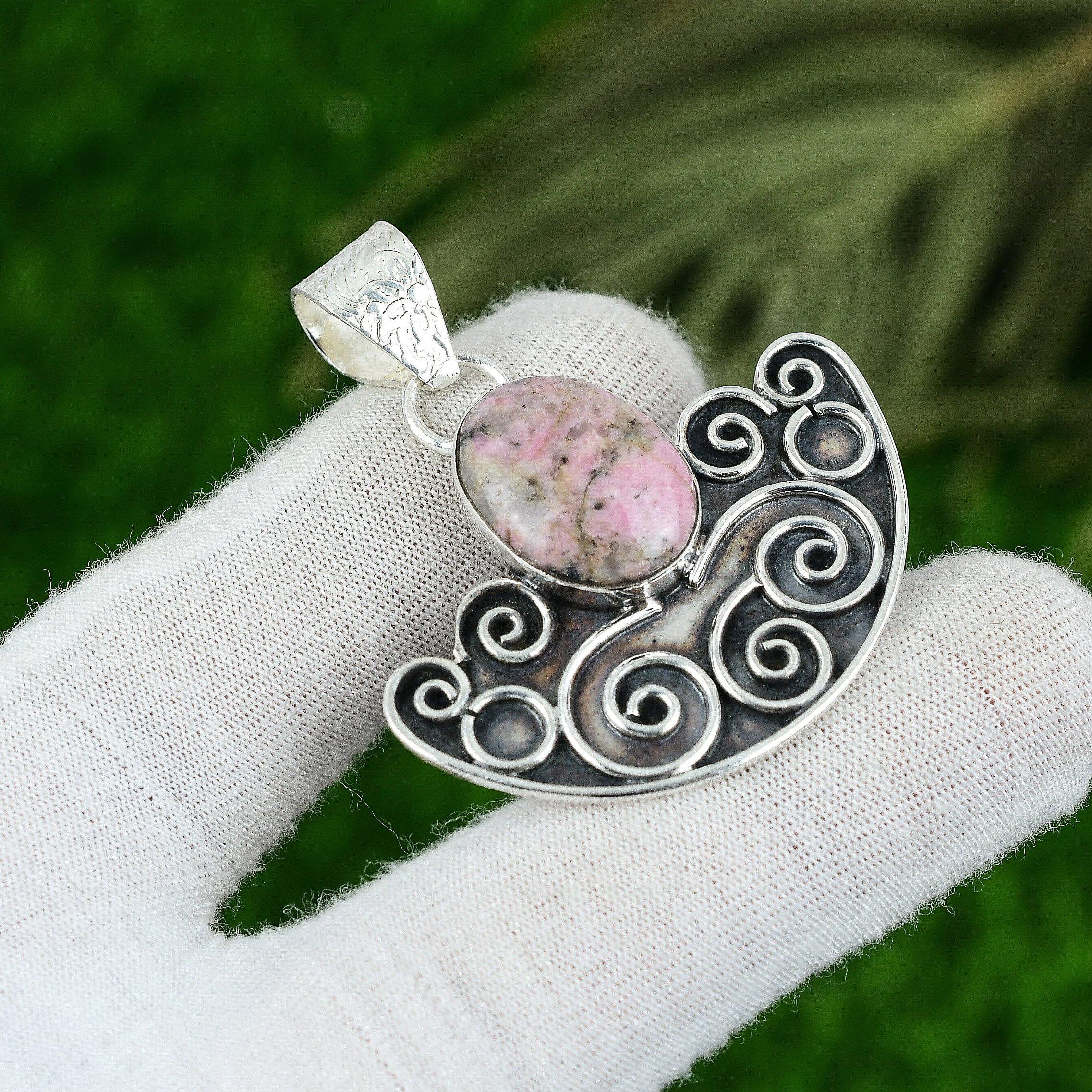 Mothers day Sale Sterling Silver Oval Rhodonite Stone New Bezel Pendant Jewelry