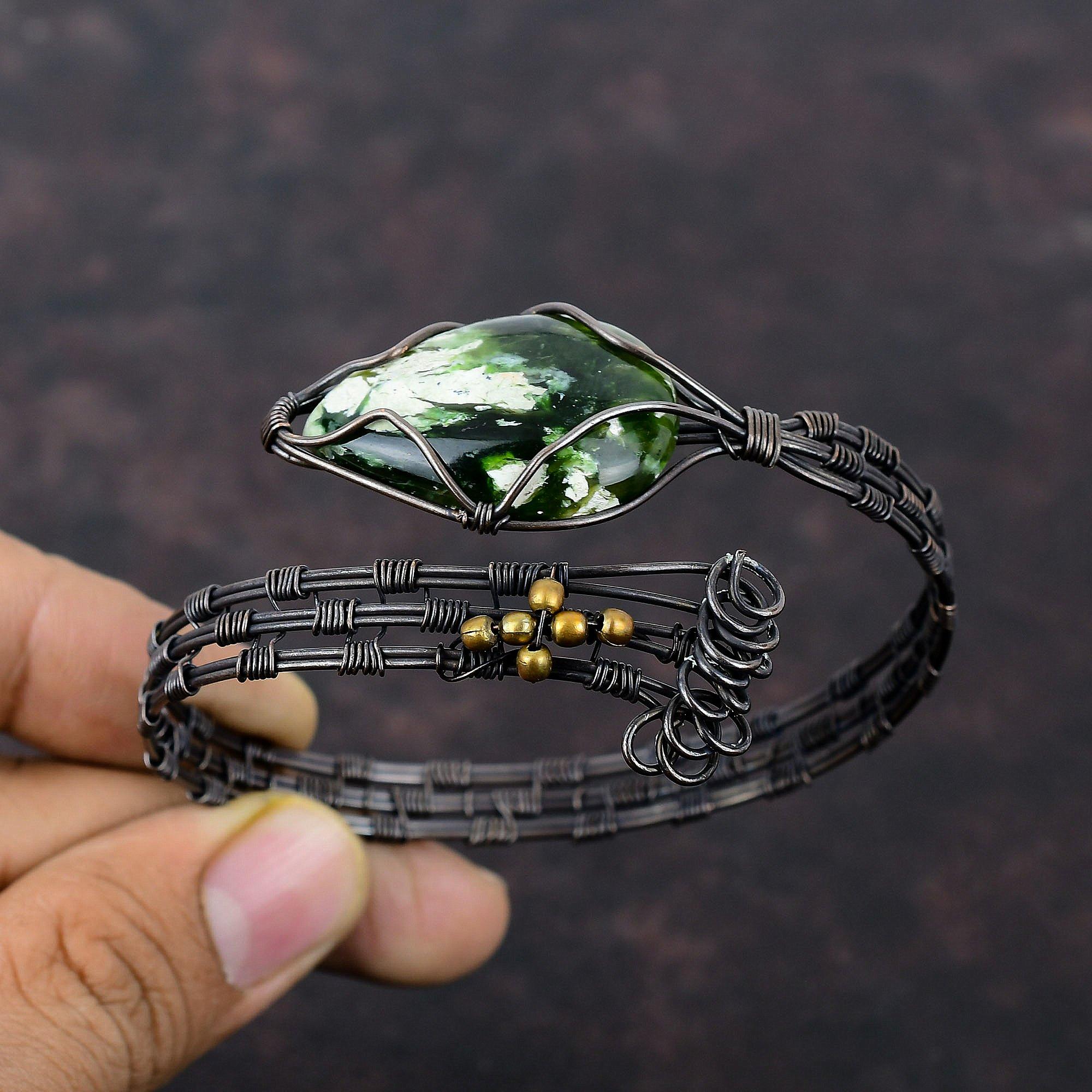 Браслет из австралийского хрома и халцедона с драгоценными камнями, регулируемый браслет-манжета, обмотанный медной проволокой, браслет ручной работы, медные ювелирные изделия, подарок для него
