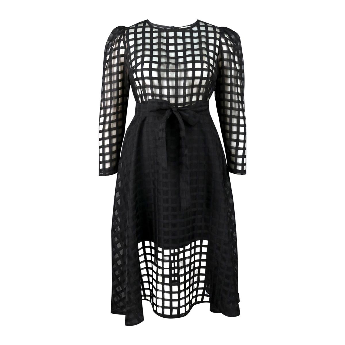 AOMEI Black Plaid Long Sleeve See Through High Waist A Line Evening Casual Daily Party Ball Gowns with Belt
