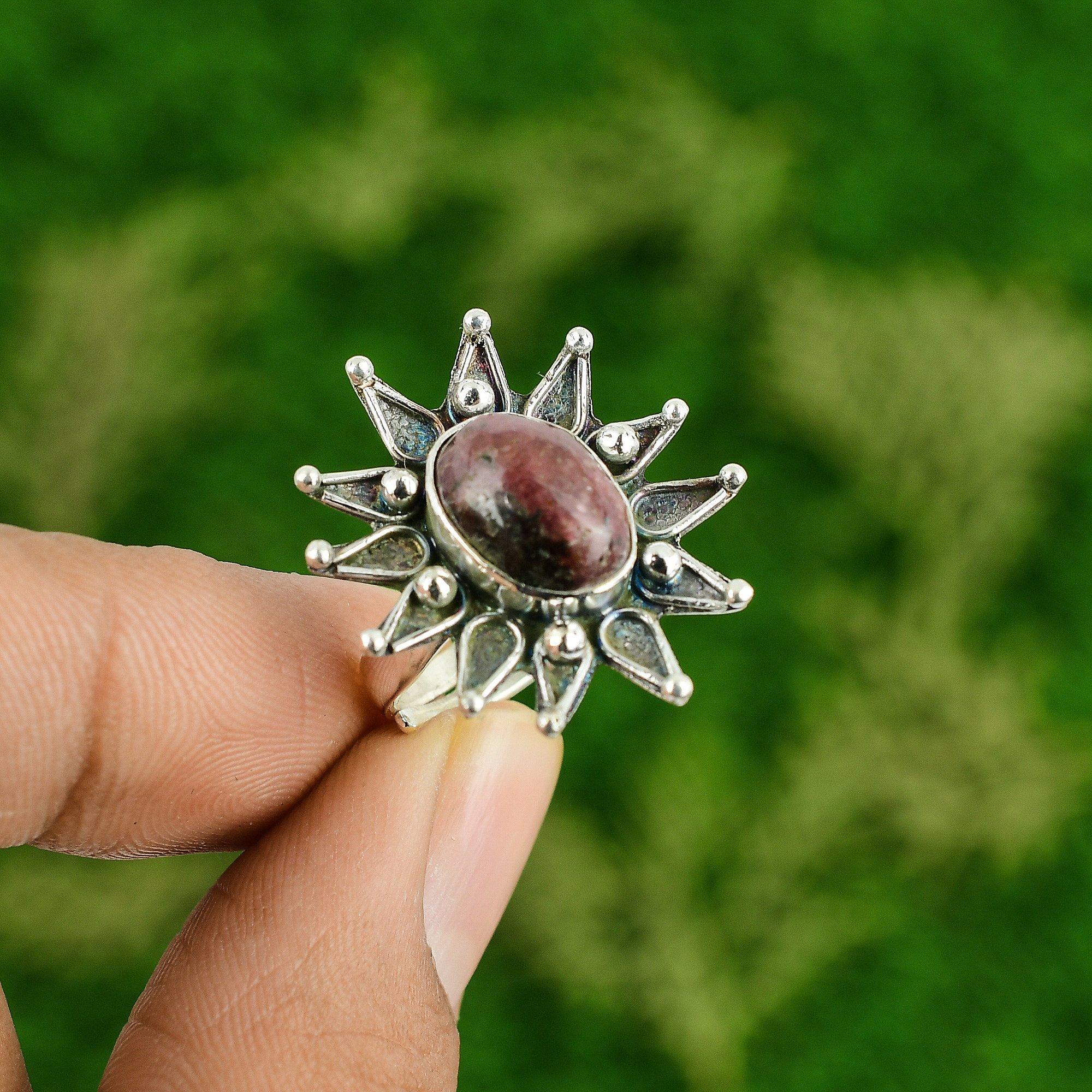Natural Rhodonite Gemstone 925 Silver Statement Flower Adjustable Ring For Women