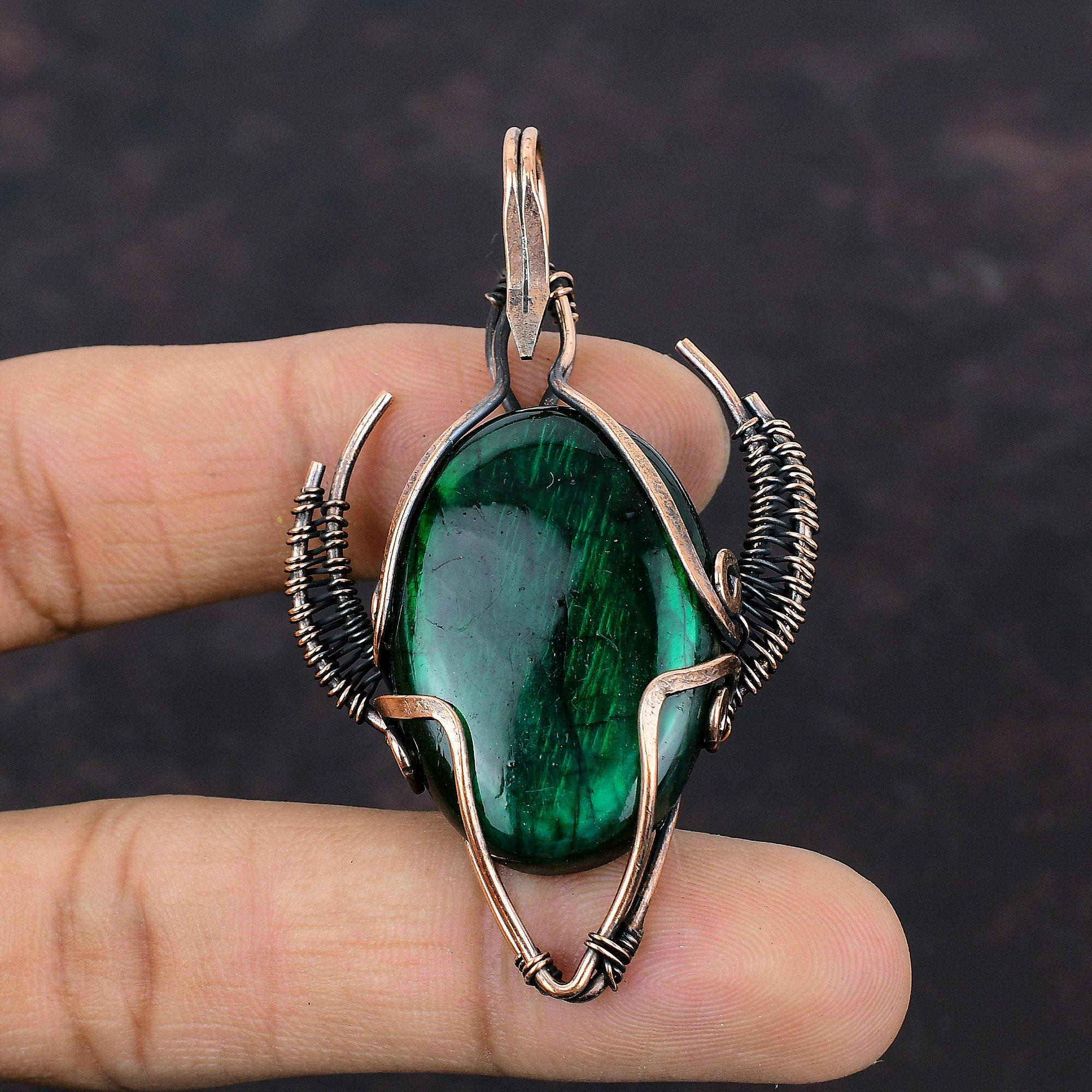 Кулон из зеленого огненного лабрадорита, обернутый медной проволокой, ювелирное изделие ручной работы, кулон из меди в форме головы быка, обернутый проволокой, драгоценный камень