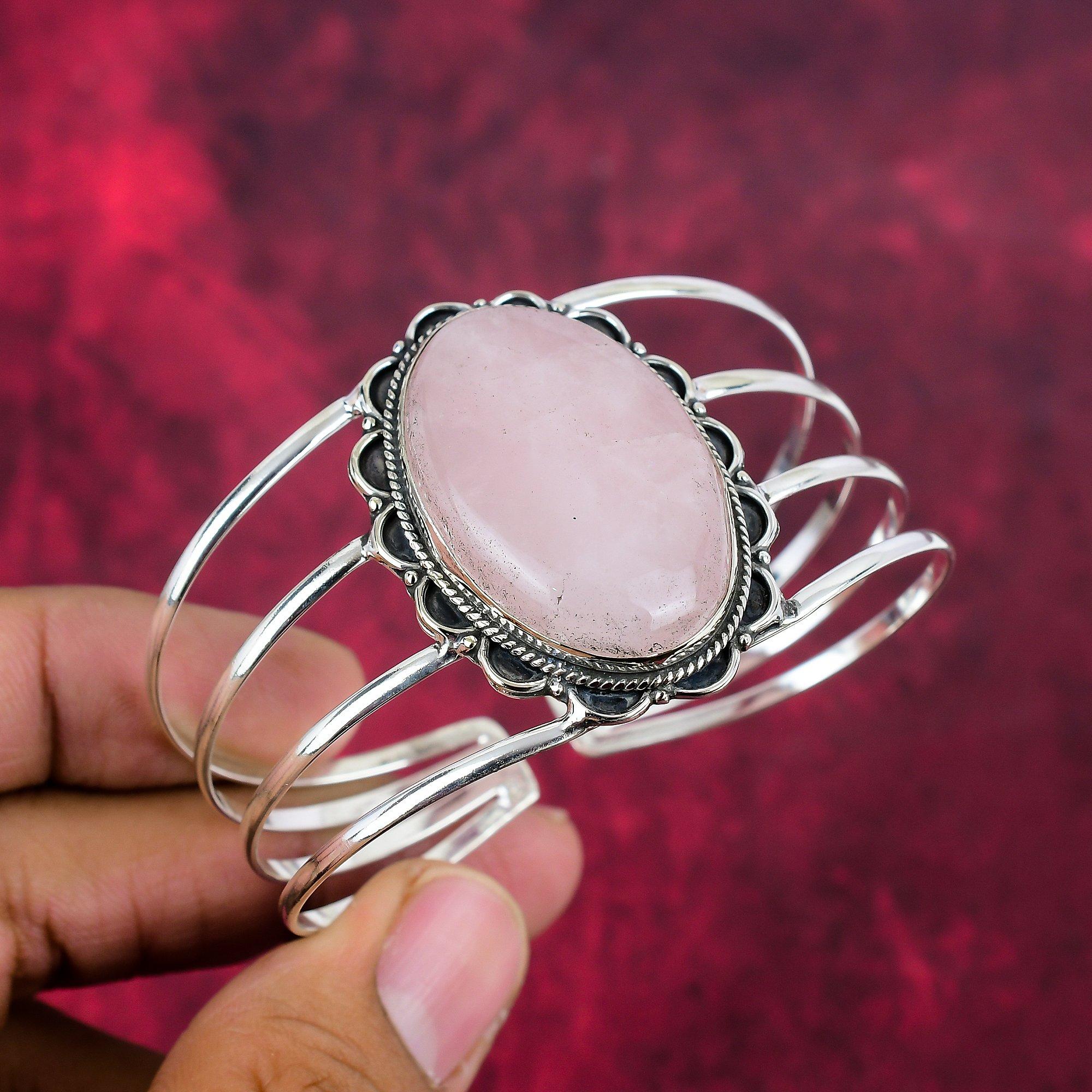 Rose Quartz Handmade Latest Design Jewelry Bangle, 925 Solid Sterling Silver Gemstone Bangle, Gift For Mother