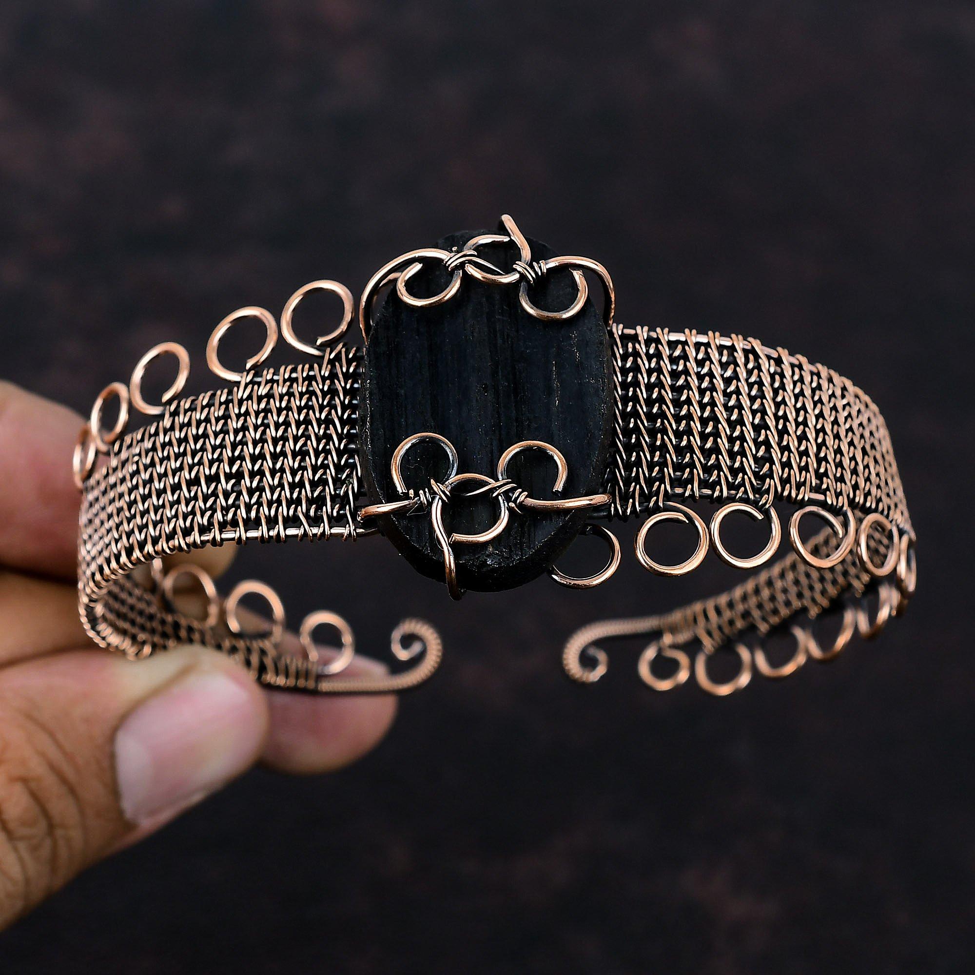 Black Tourmaline Rough Cuff Bracelet Copper Wire Wrapped Bangle Gemstone Adjustable Cuff Handmade Jewelry Gift For Women Copper Wire Jewelry