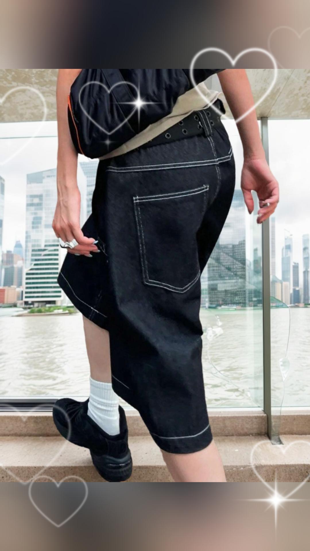 Rose Beauty A Женские брюки Y2K Street Заниженная талия Контрастная строчка сверху Косые карманы Повседневные свободные эластичные джинсовые шорты длиной до колена Шорты Hottie Outfits