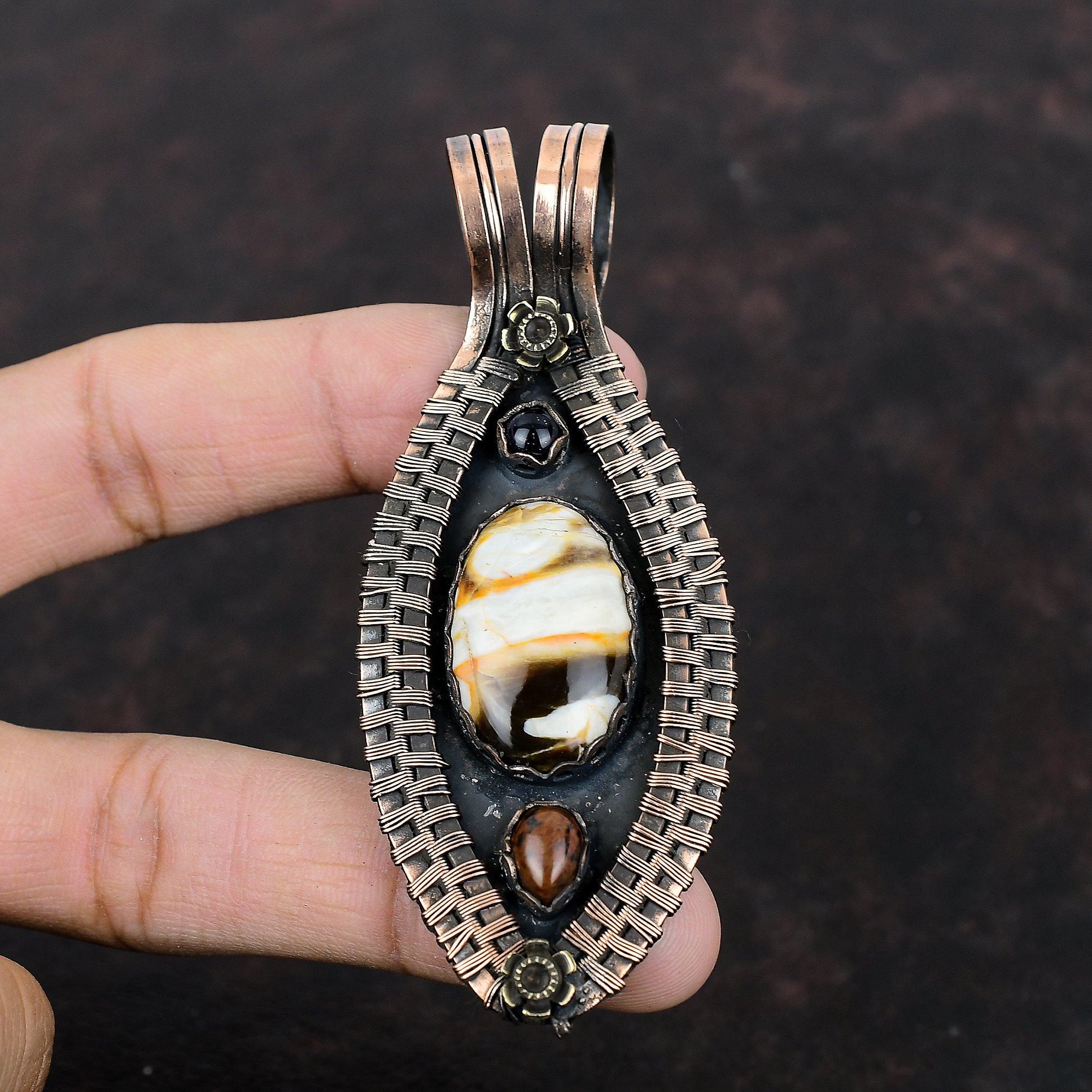 Кулон из арахисовой древесины, яшмы, медная проволока, кулон с драгоценным камнем, красное дерево, обсидиан и синий солнечный камень, кулон из меди, ювелирные изделия ручной работы для подарка