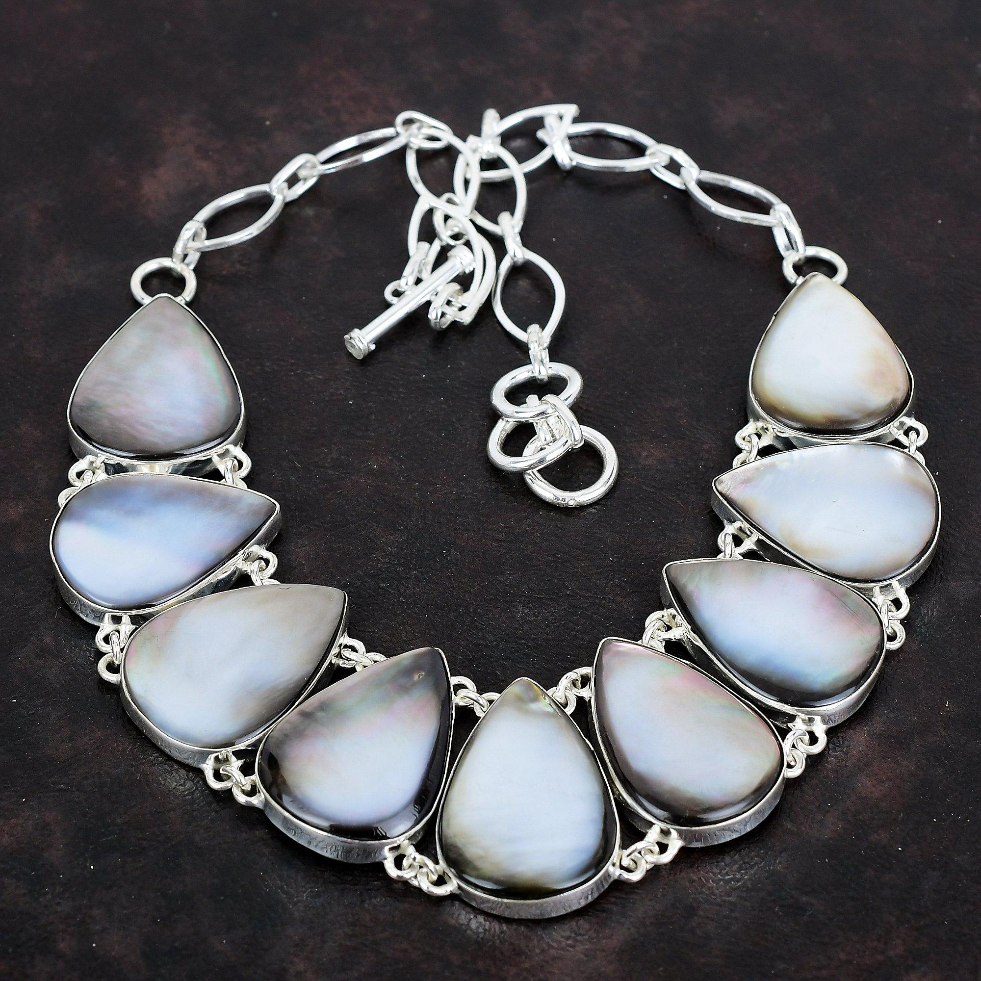 Черное перламутровое ожерелье из драгоценных камней, серебряное ожерелье с регулируемой цепочкой, ожерелье ручной работы, подарки для женщин, украшения в стиле бохо