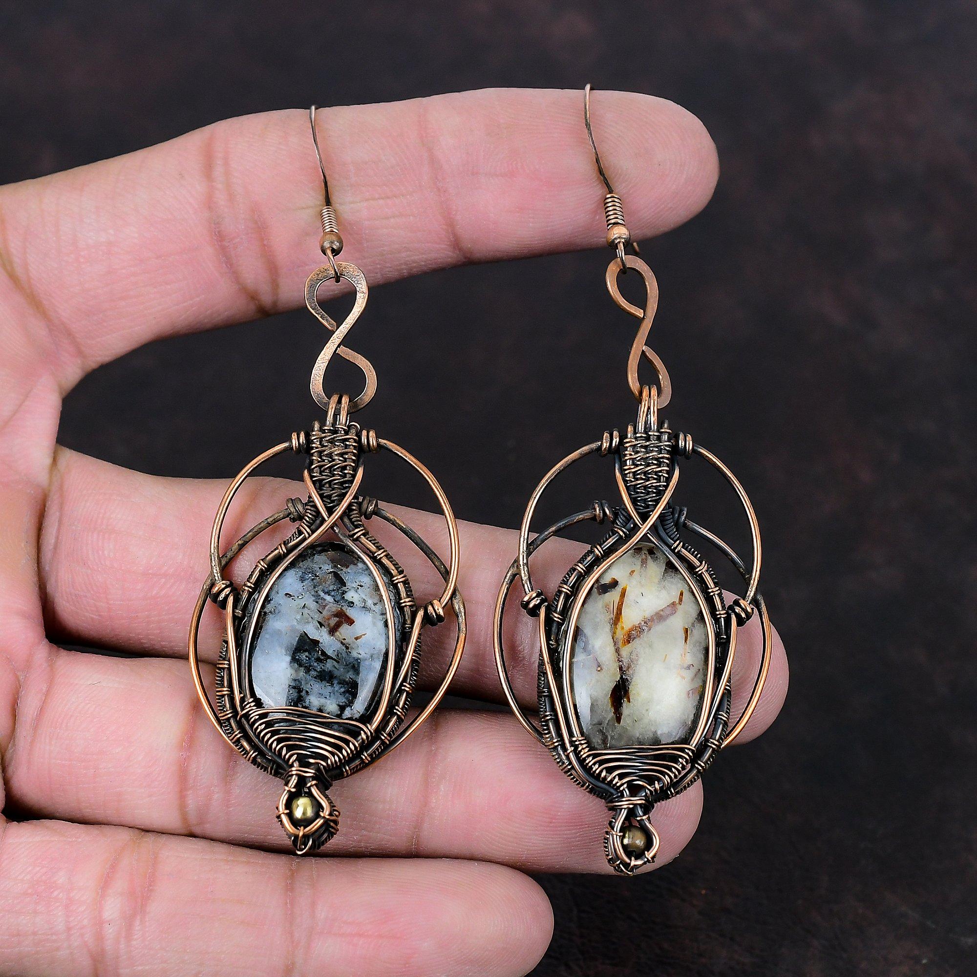 Серьги из астрофиллита, медная проволочная обертка, серьги ручной работы, ювелирные изделия из натуральных драгоценных камней, уникальные серьги, подарок на годовщину, медные украшения