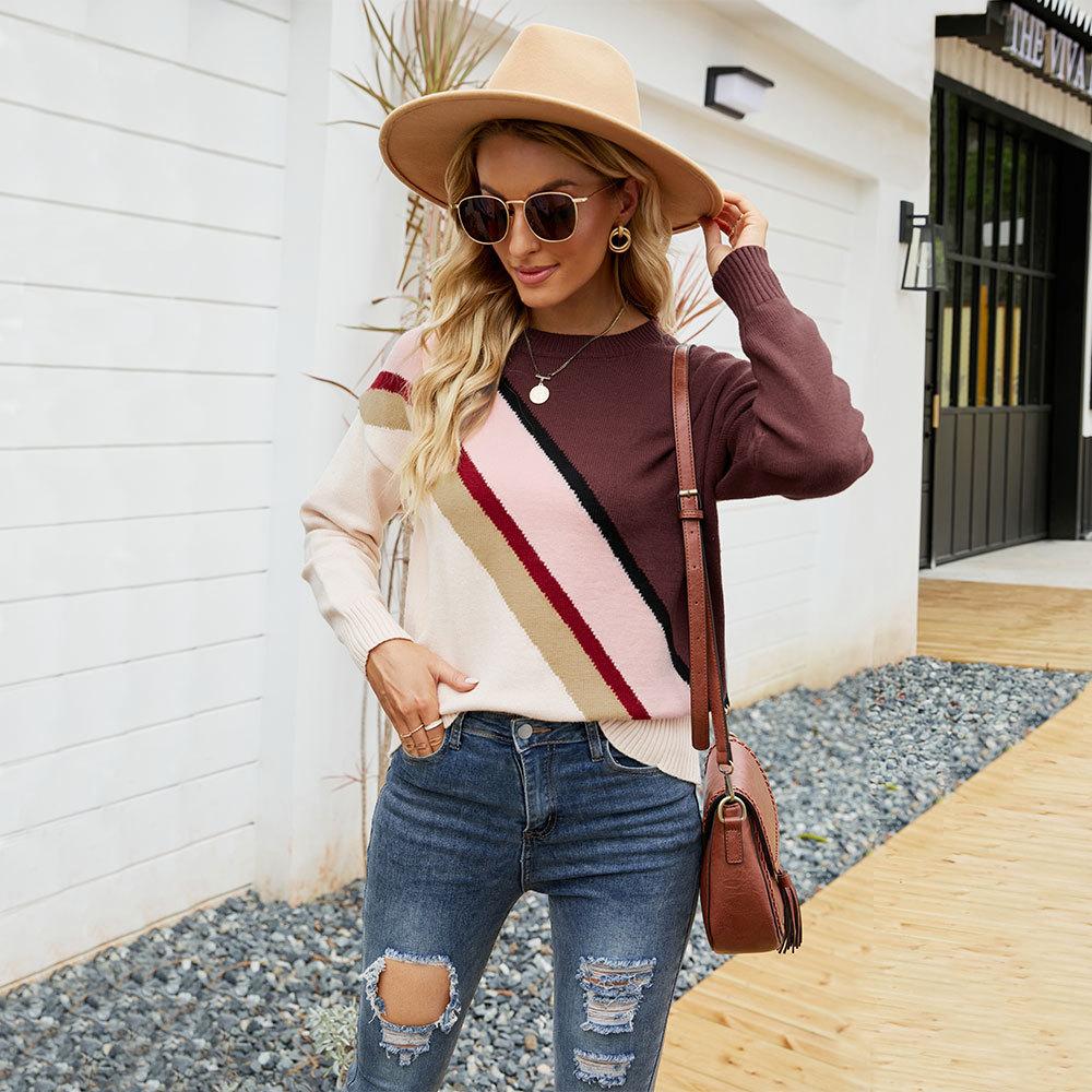 Autumn and Winter Women's Sweater Fashion Striped Colorblocking Knit Sweater Round Neck Pullover Sweater