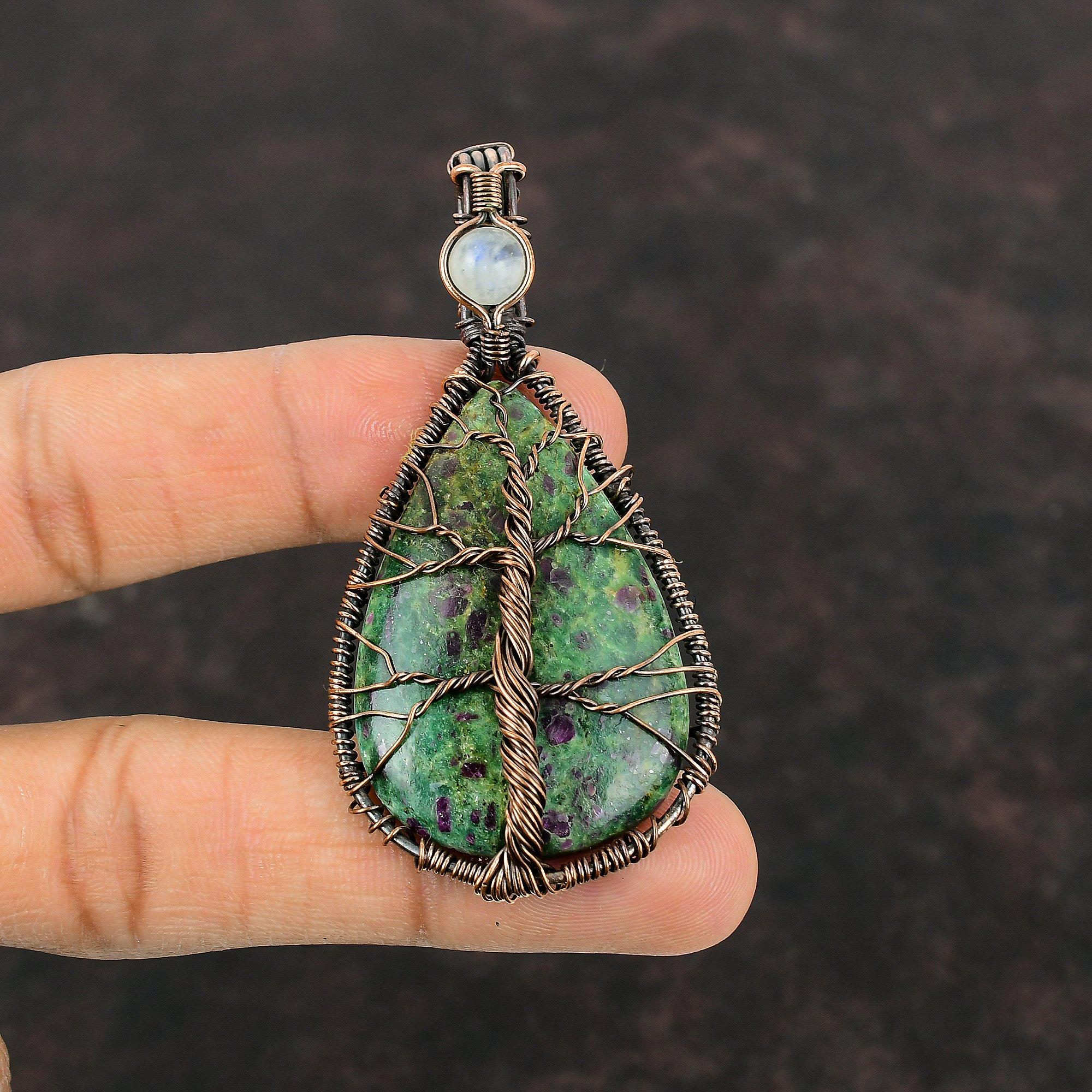 Tree Of Life Ruby Fuchsite Copper Pendant Wire Wrapped Pendant Gemstone Jewelry For Gift Rainbow Moonstone Pendant Handmade Copper Jewelry