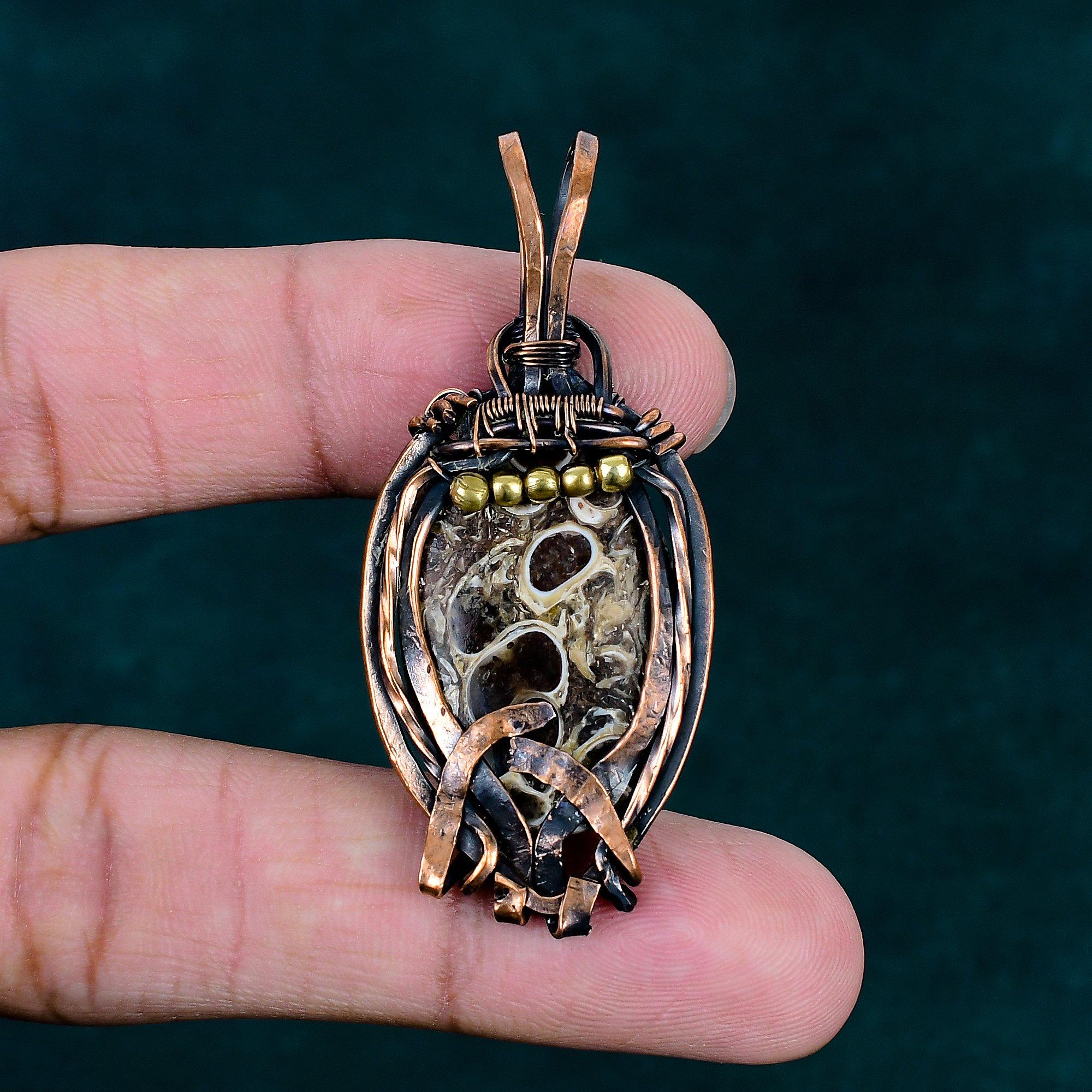 Turritella agate pendant copper wire wrapped pendant handmade jewelry original gemstone jewelry unique wire jewelry for him dainty jewelry