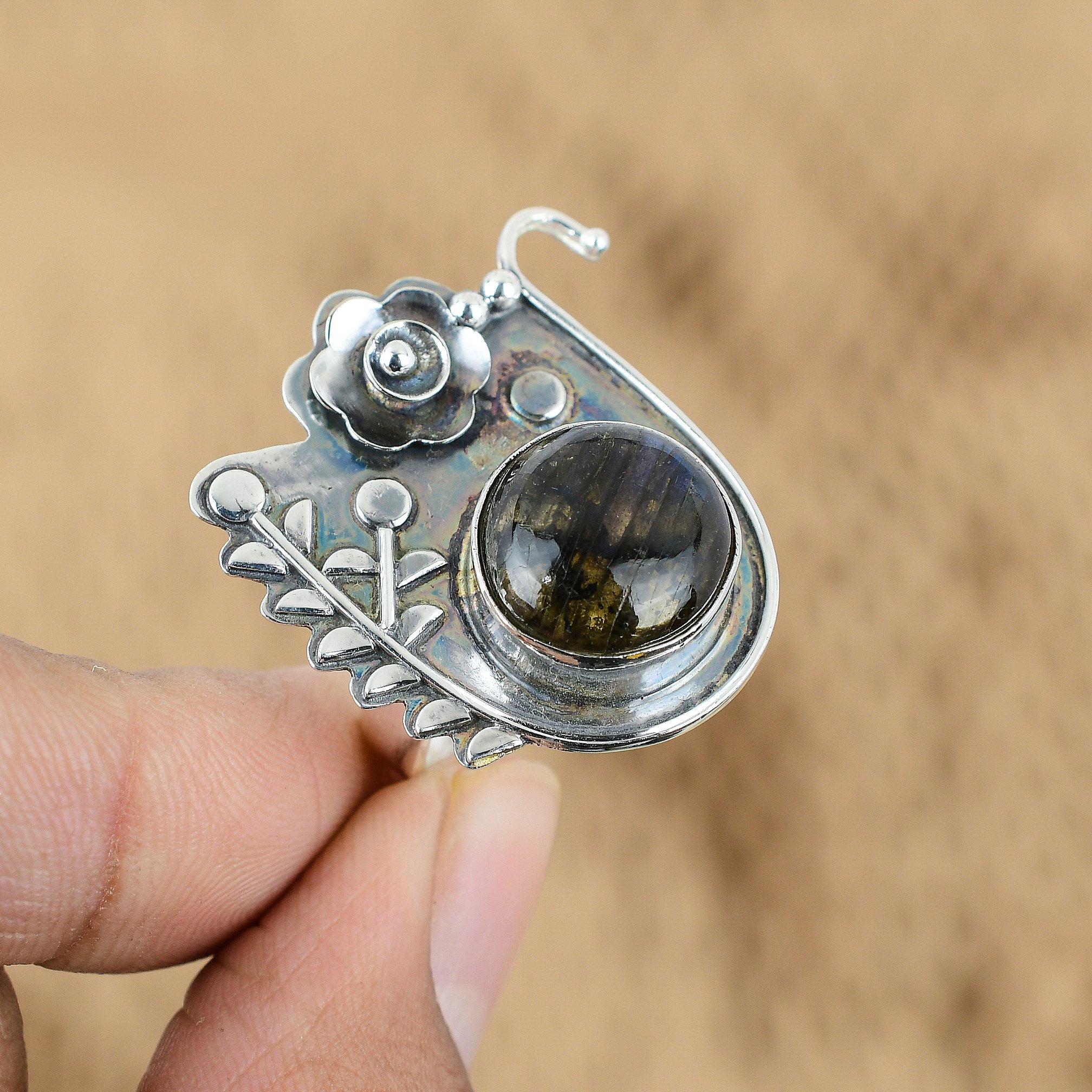 Natural Labradorite Gemstone Promise Flower Adjustable Ring 925 Sterling Silver