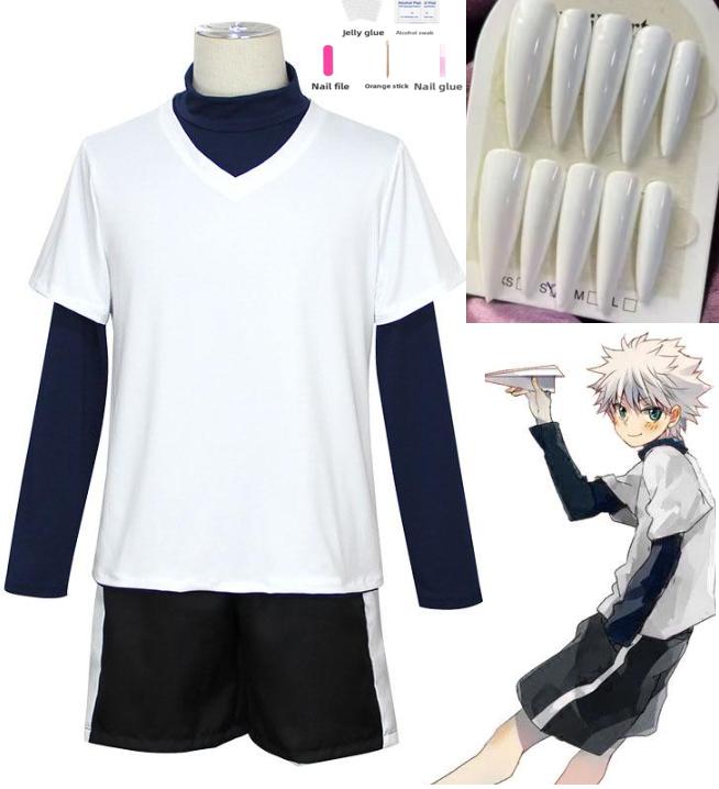 Wetrose В наличии Косплей костюм Killua Zoldyck Hunter × X Hantaa Kirua Zaoldyeck Футболка Полный комплект Парик Хэллоуин Рождество Новый