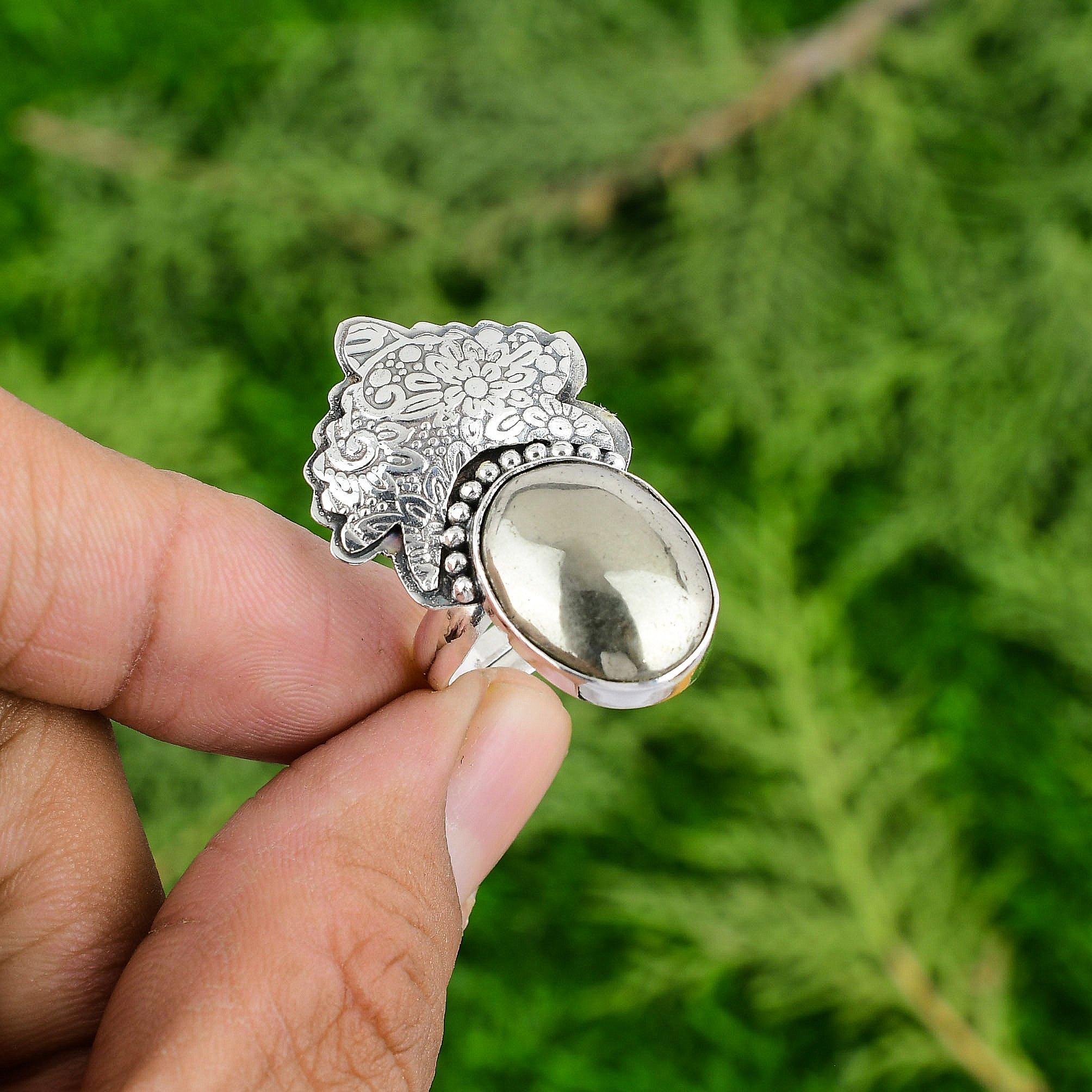 Oval Natural Pyrite 925 Silver Statement Multi Stone Bezel Sister Ring Jewelry