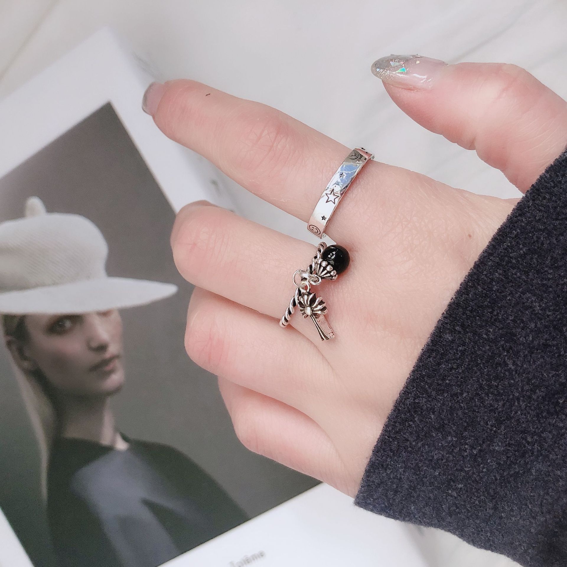 ANENJERY Vintage Moon Star Open Ring Smiling Face Finger Rings For Fashion Women Jewelry