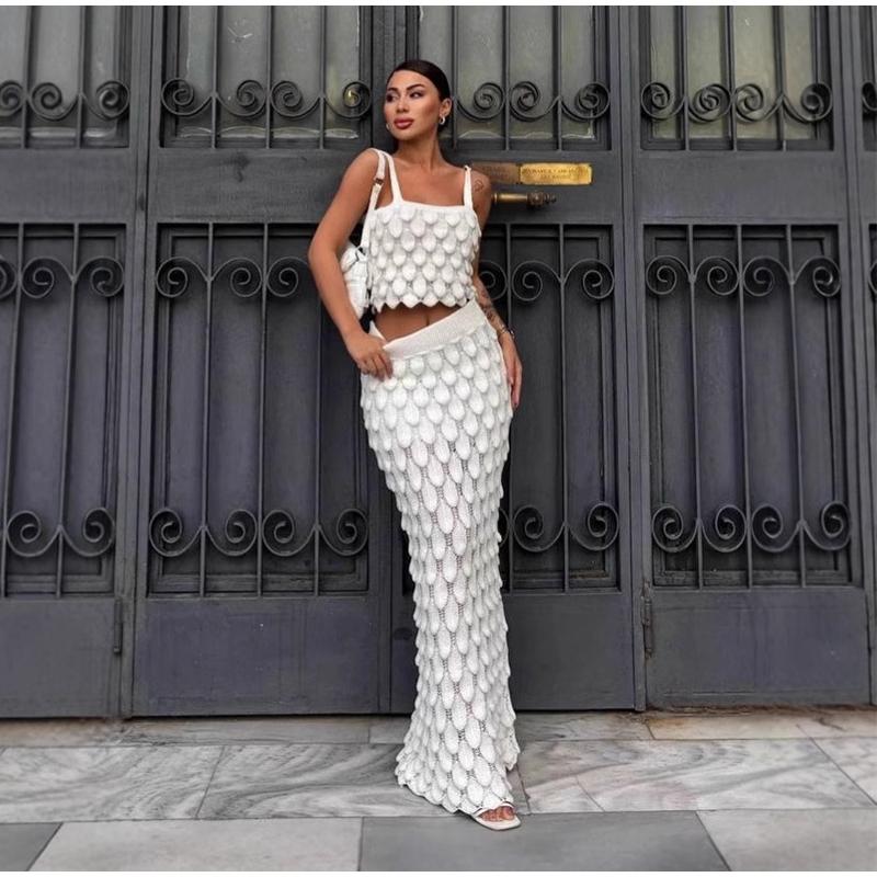 Однотонные укороченные топы с оборками, подходящие к длинным юбкам, женские повседневные облегающие трикотажные комплекты из 2 предметов для улицы 2025 года, весна-лето, женские привлекательные костюмы