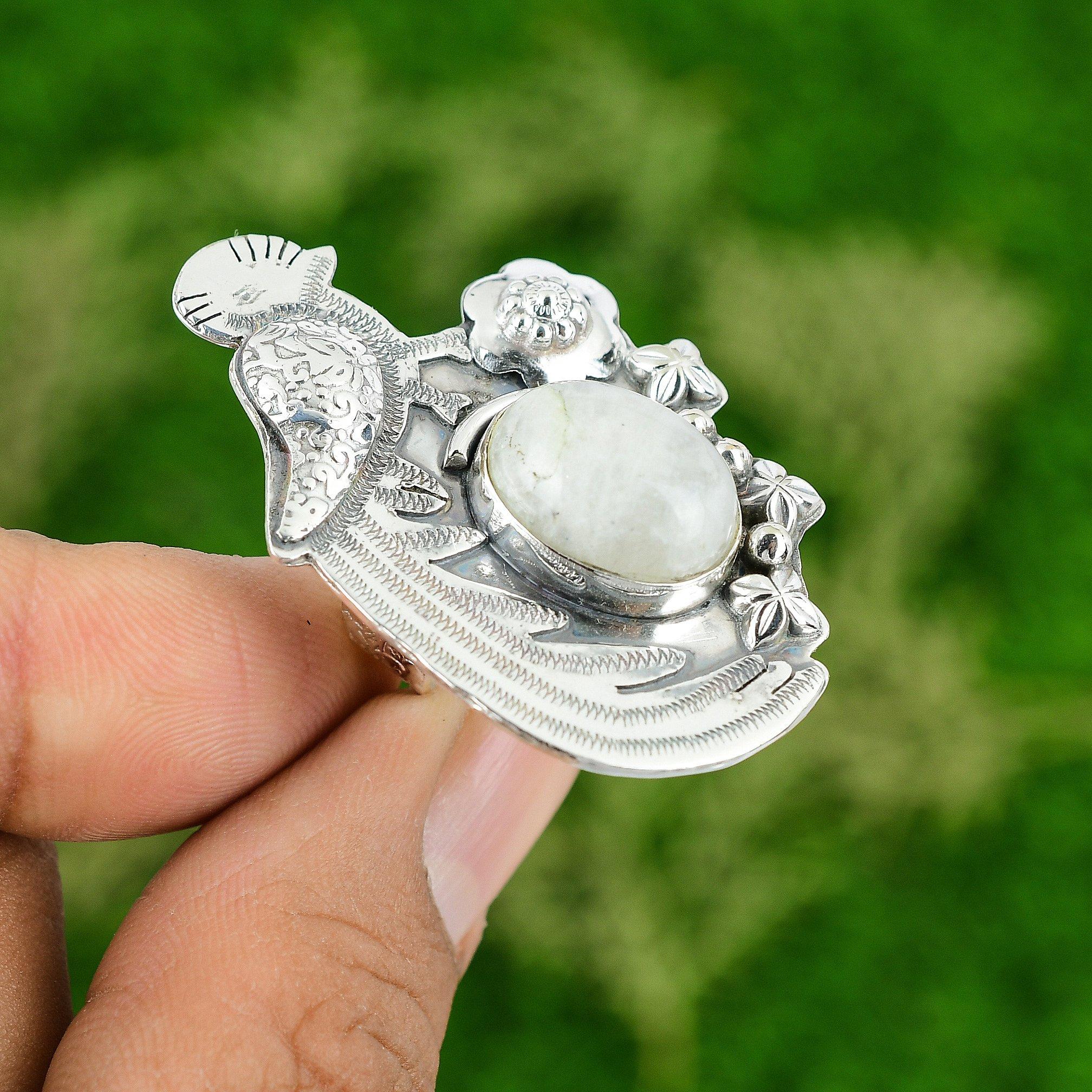 925 Silver Natural Rainbow Moonstone Multi Stone Bird Adjustable Ring