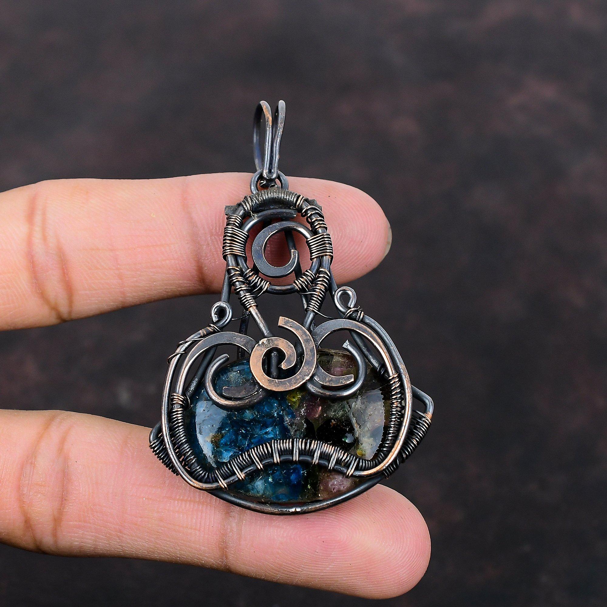 Подвеска с арбузным турмалином, обернутая медной проволокой, подвеска из натурального драгоценного камня, подарок для женщин, подвеска ручной работы, обернутая медной проволокой, ювелирные изделия