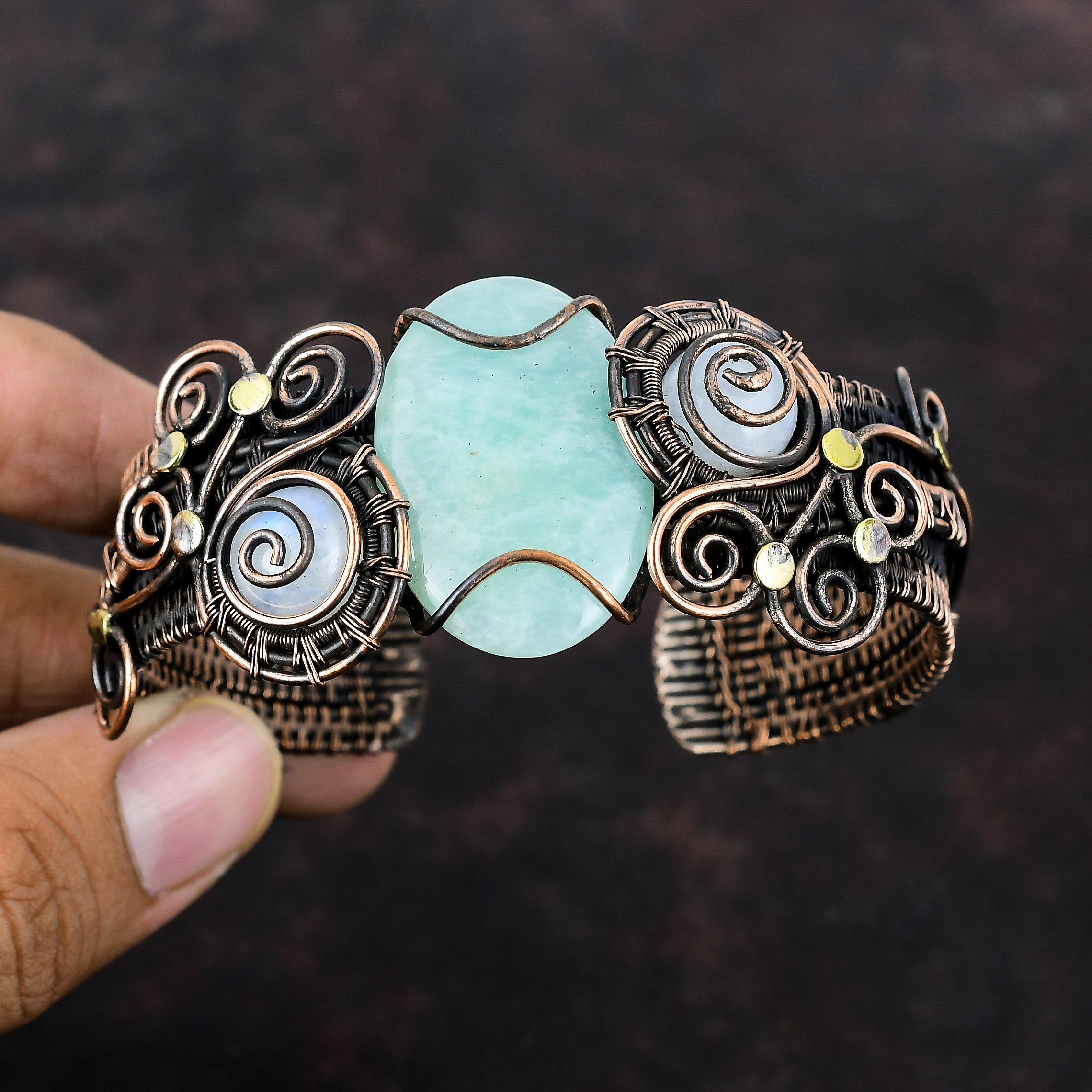 Браслет-манжета из драгоценного камня амазонит, медная проволока, браслет-манжета из радужного лунного камня, регулируемый браслет-манжета, ювелирные изделия ручной работы, подарок для женщин