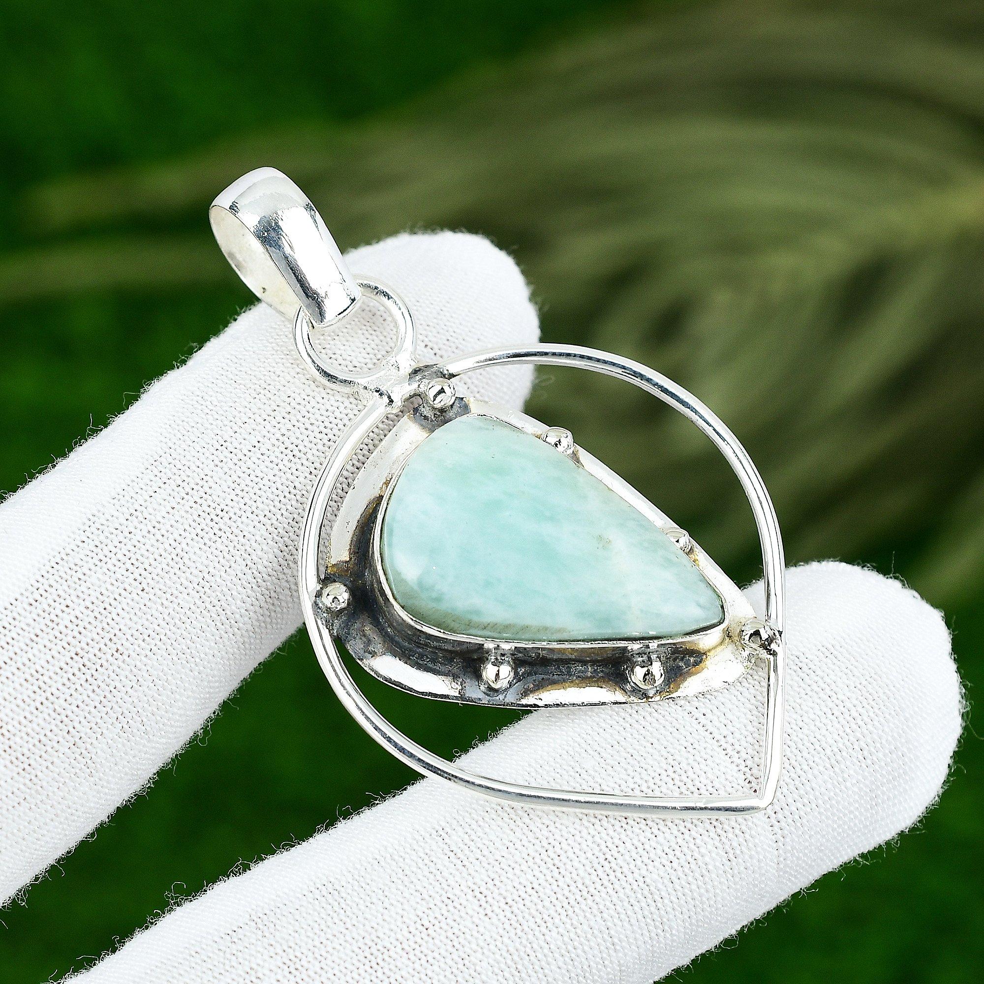 Sterling Silver Natural Amazonite Bezel Mother Art Deco Wedding Pendant Jewelry