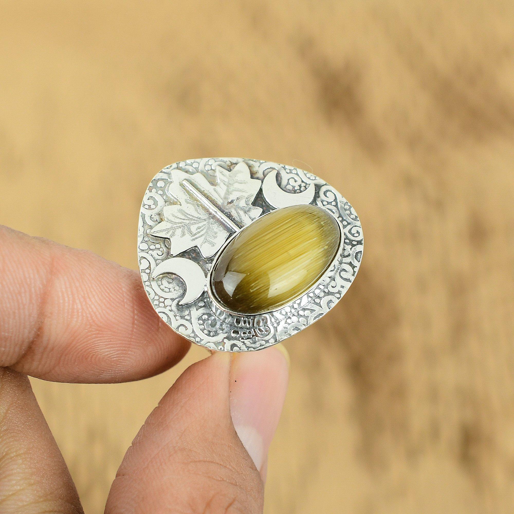 Womens day Sale 925 Sterling Silver Natural Cat's Eye Cresent Moon Promise Ring