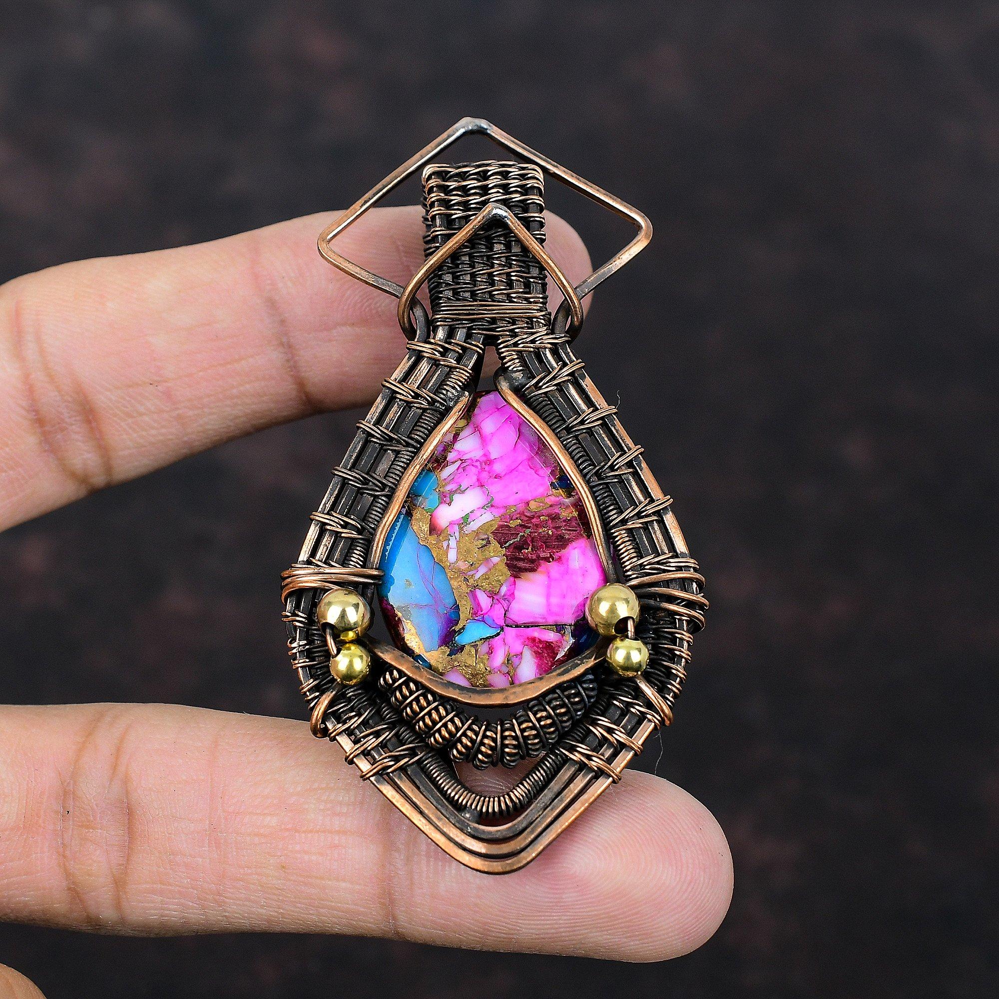 Кулон из бирюзы с натуральным розовым георгином Kingman, медная проволока, обернутая драгоценным камнем, ручная работа, медные украшения, подарок для мамы, обернутые проволокой украшения