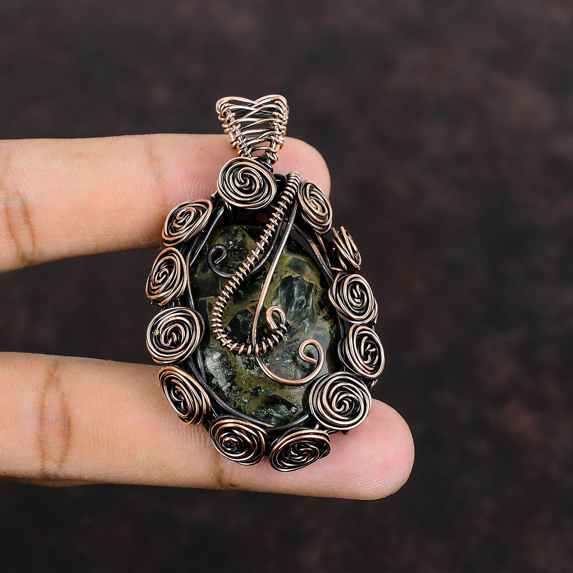 Copper Seraphinite Pendant Copper Wire Wrapped Jewelry Gemstone Copper Pendant Wire Wrapped Pendant Handmade Brand New Jewelry Gift For Him