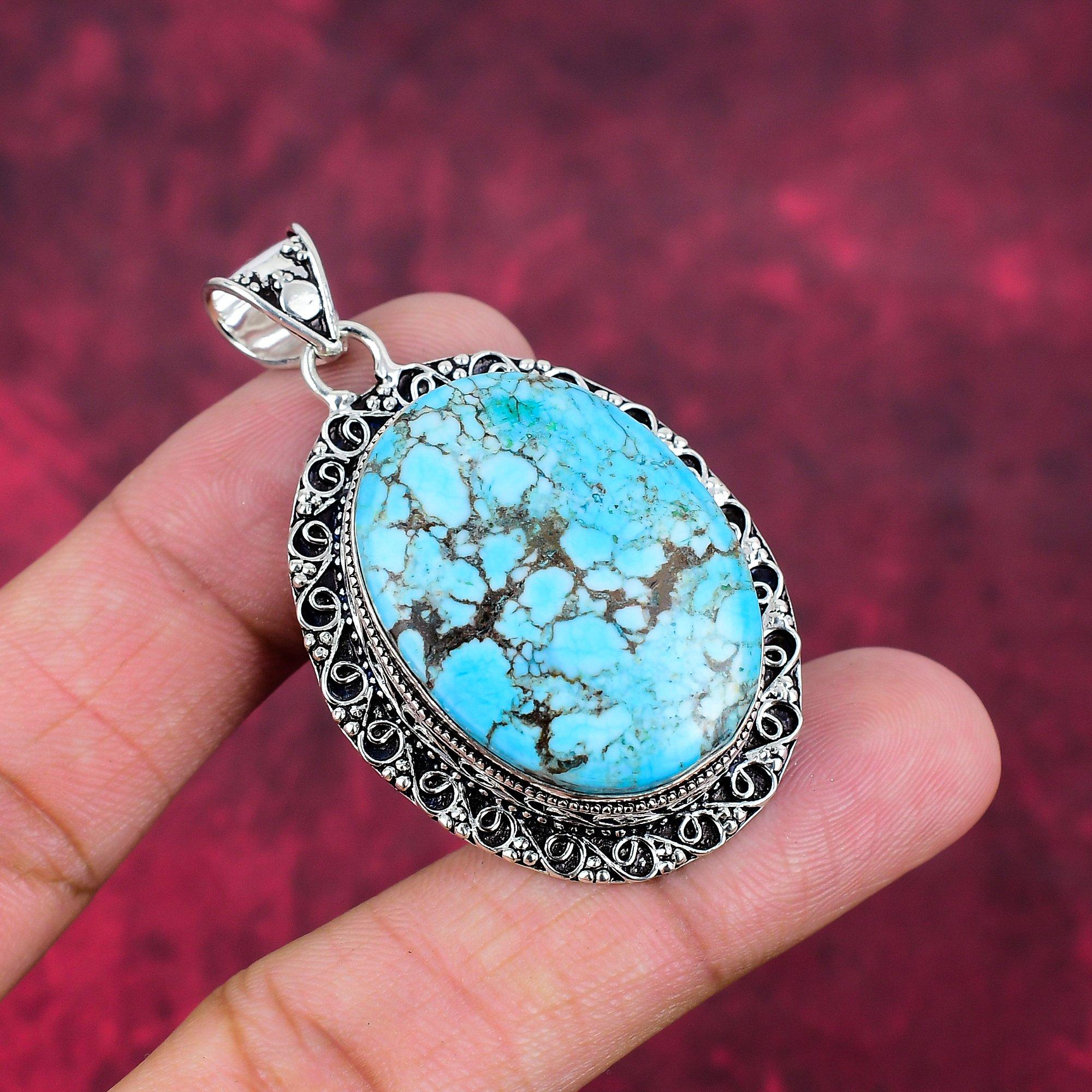 Blue Turquoise Handmade Gemstone Pendant, 925 Solid Sterling Silver Antique Jewelry Pendant, For Engagement Gift