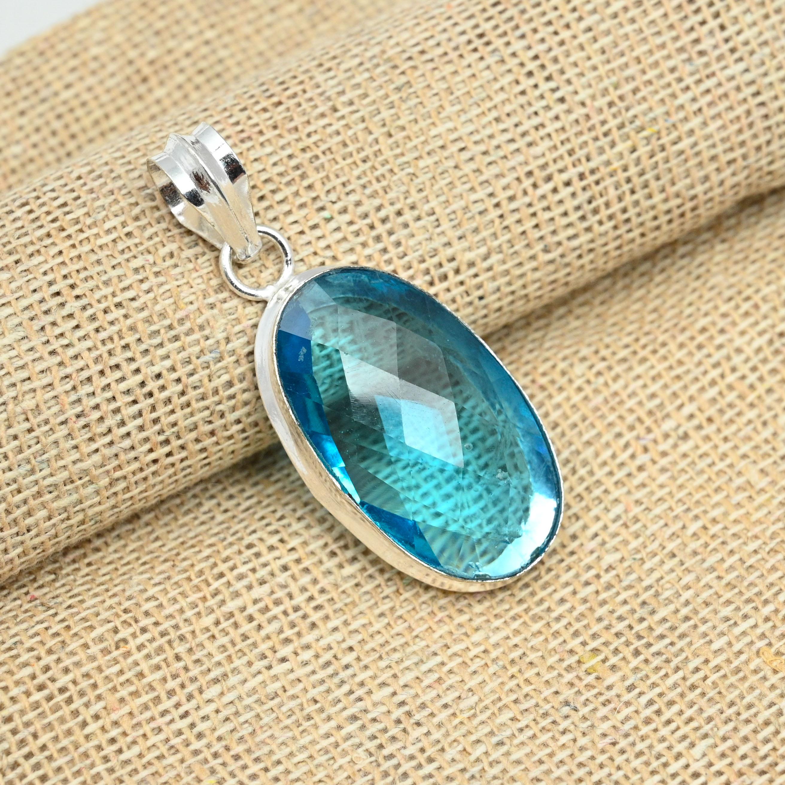 Blue Topaz Gemstone 925 Sterling Silver Handmade Pendant Wonderful Jewelry For Her
