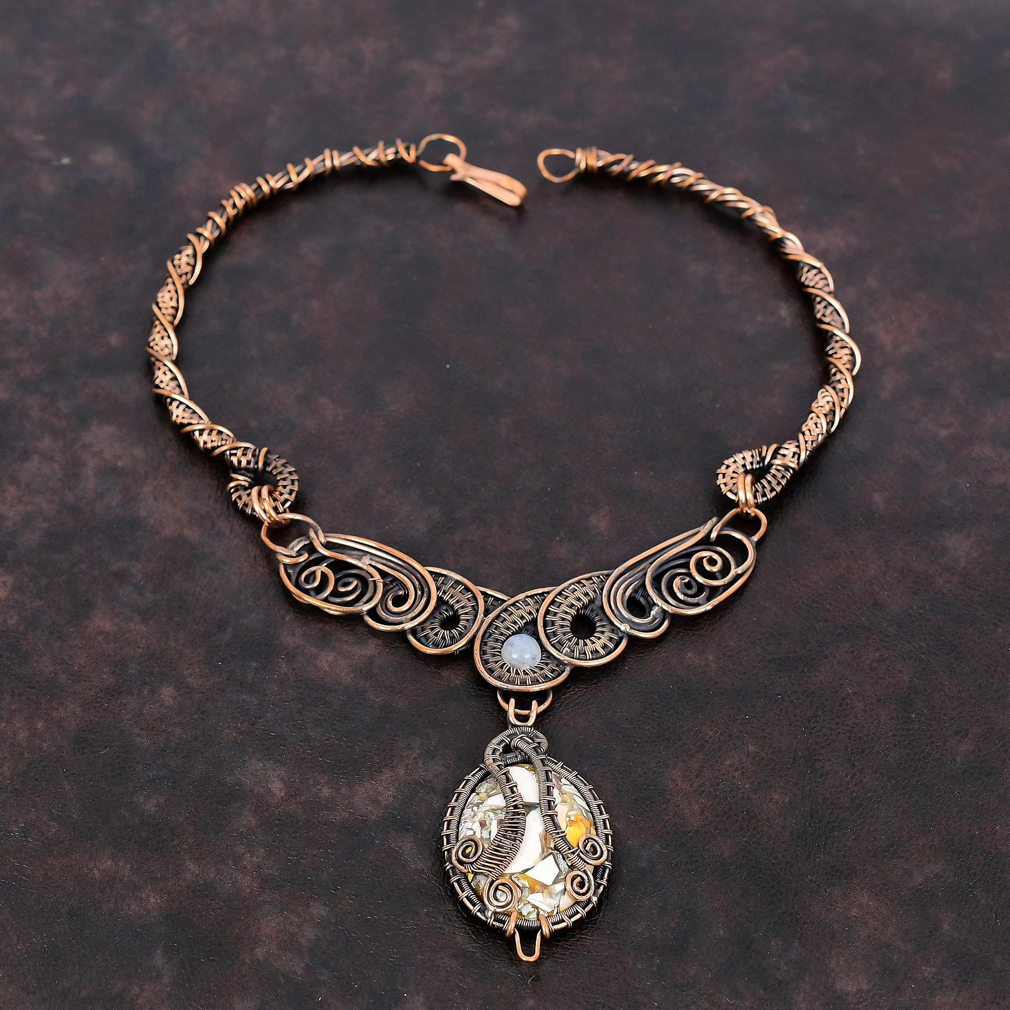 Ожерелье из брекчированного мукаита, ожерелье из медной проволоки, ожерелье из радужного лунного камня, ожерелье из драгоценных камней, изысканные медные украшения ручной работы, подарок на помолвку