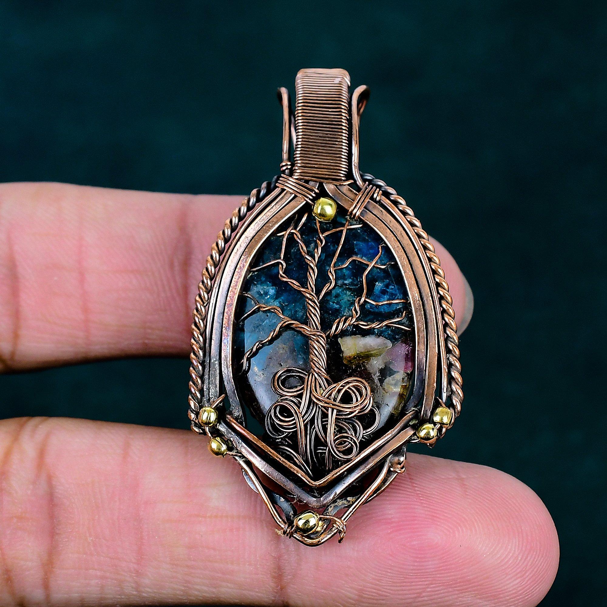 Copper watermelon tourmaline pendant copper wire wrapped jewelry tree of life natural gemstone jewelry handmade chain pendant gift for wife