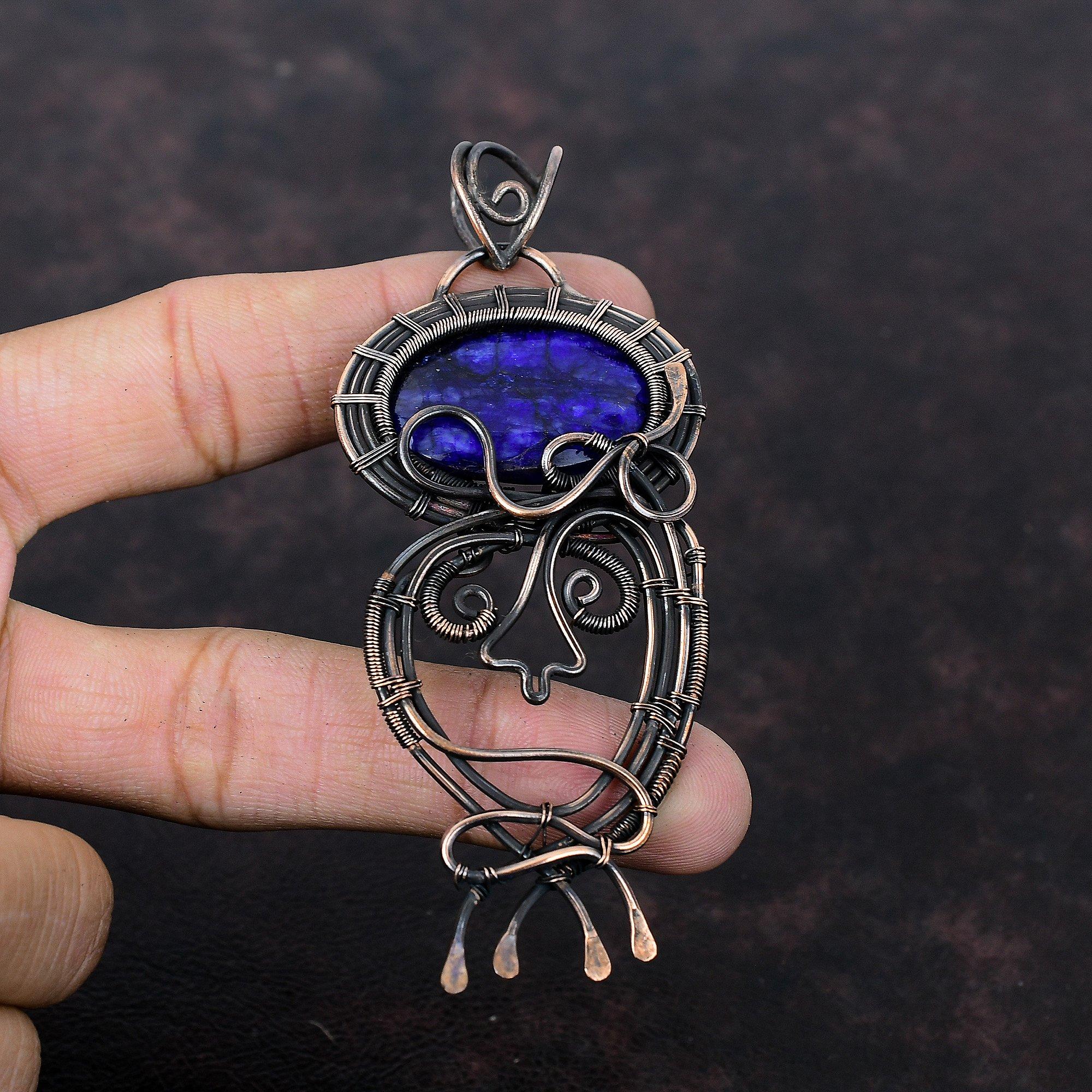 Faceted Blue Sapphire Pendant Copper Wire Wrapped Pendant Gemstone Pendant Handmade Copper Jewelry Designer Pendant Antique Jewelry For Gift